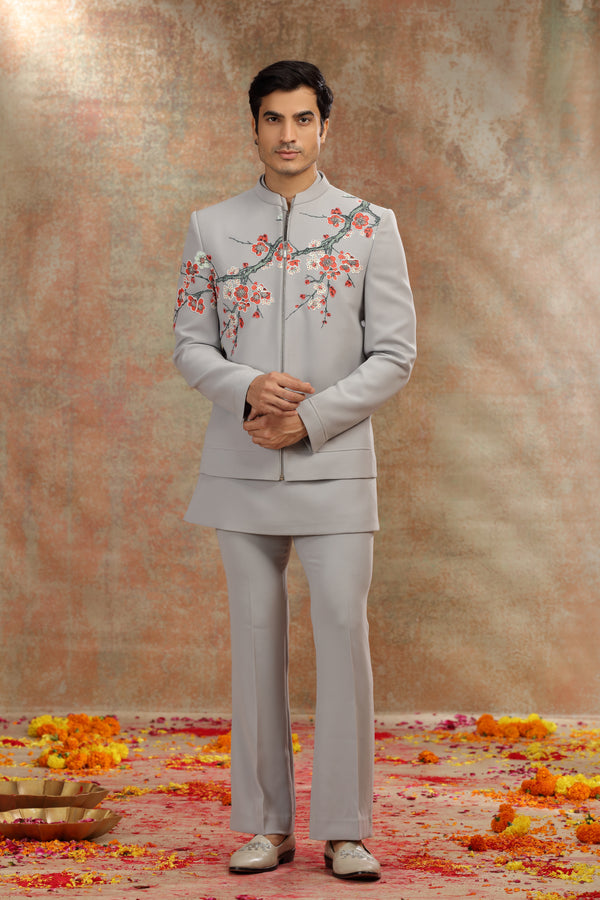 Gray Suiting Jodhpuri with Print, Resham Work