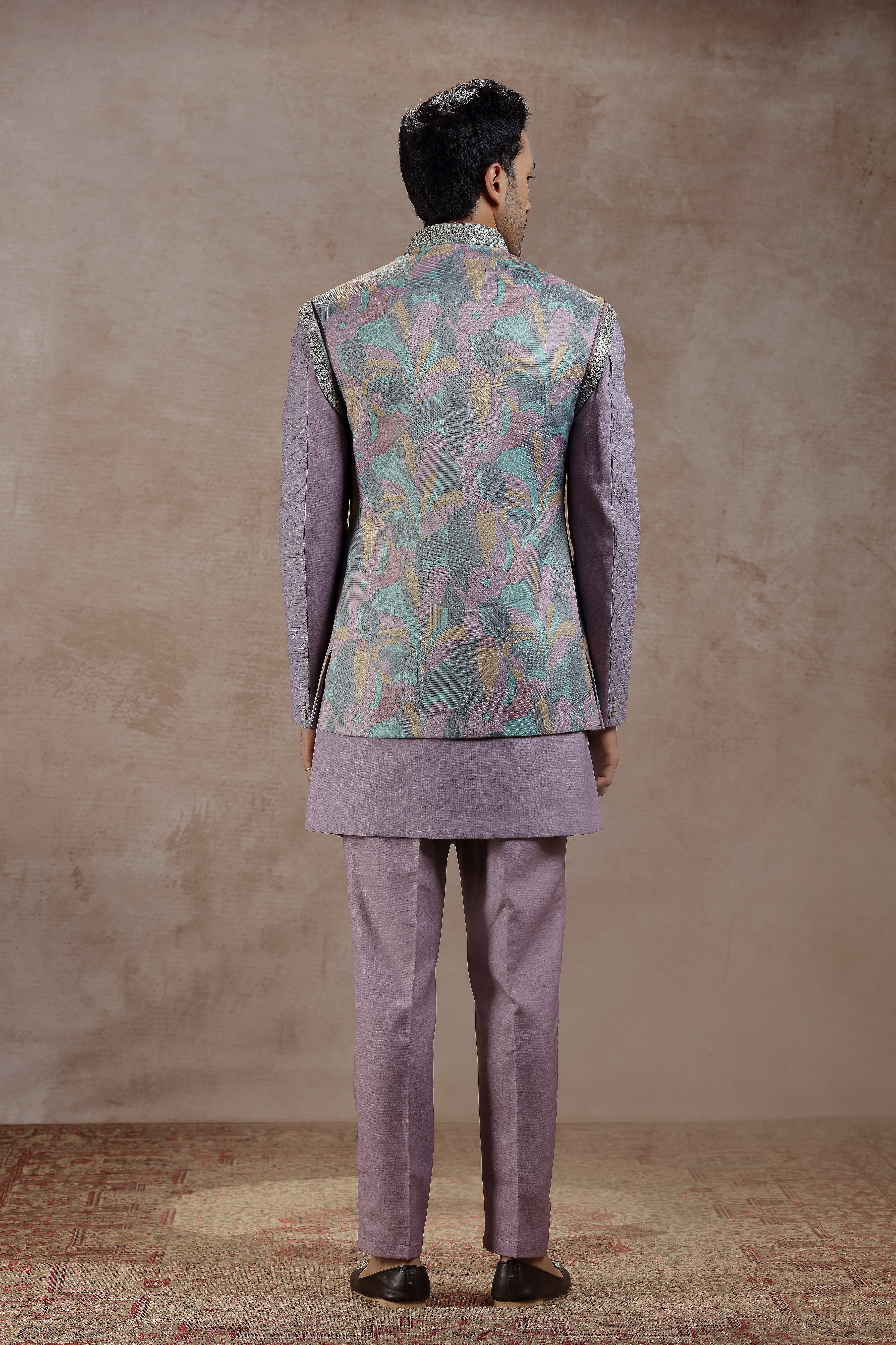 Lilac Silk Jacket Set With Abstract Print - Shreeman