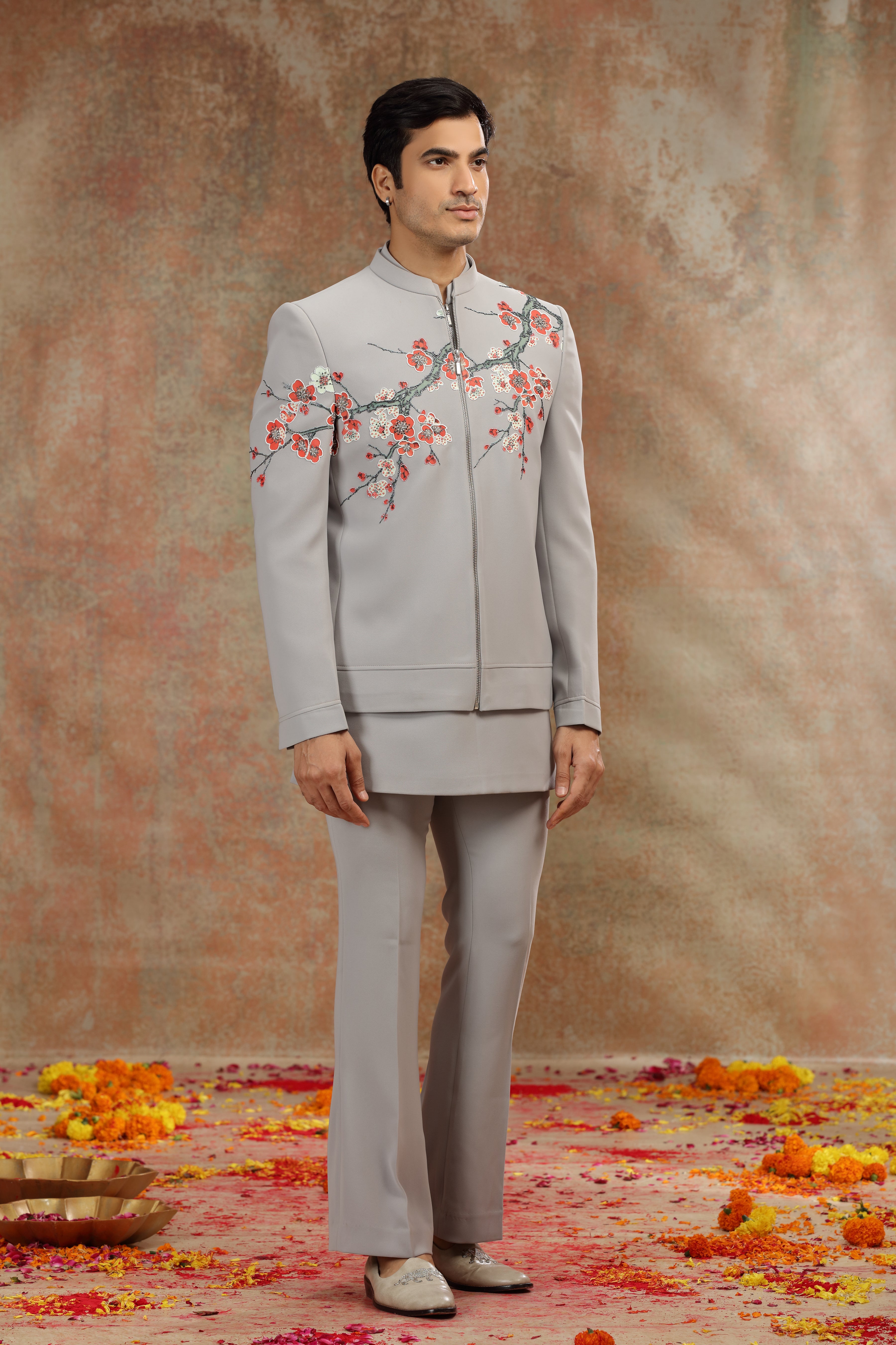 Gray Suiting Jodhpuri with Print, Resham Work