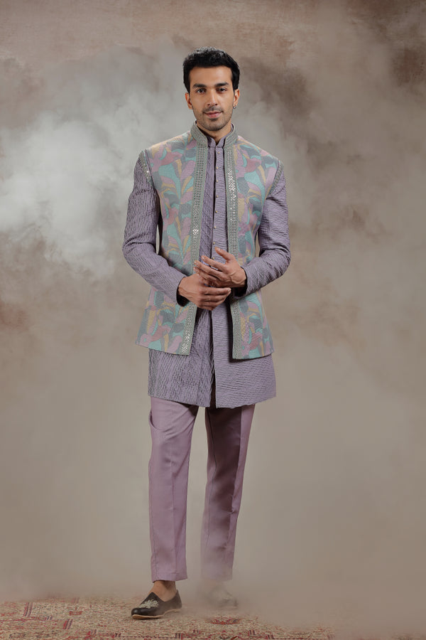 Lilac Silk Jacket Set With Abstract Print