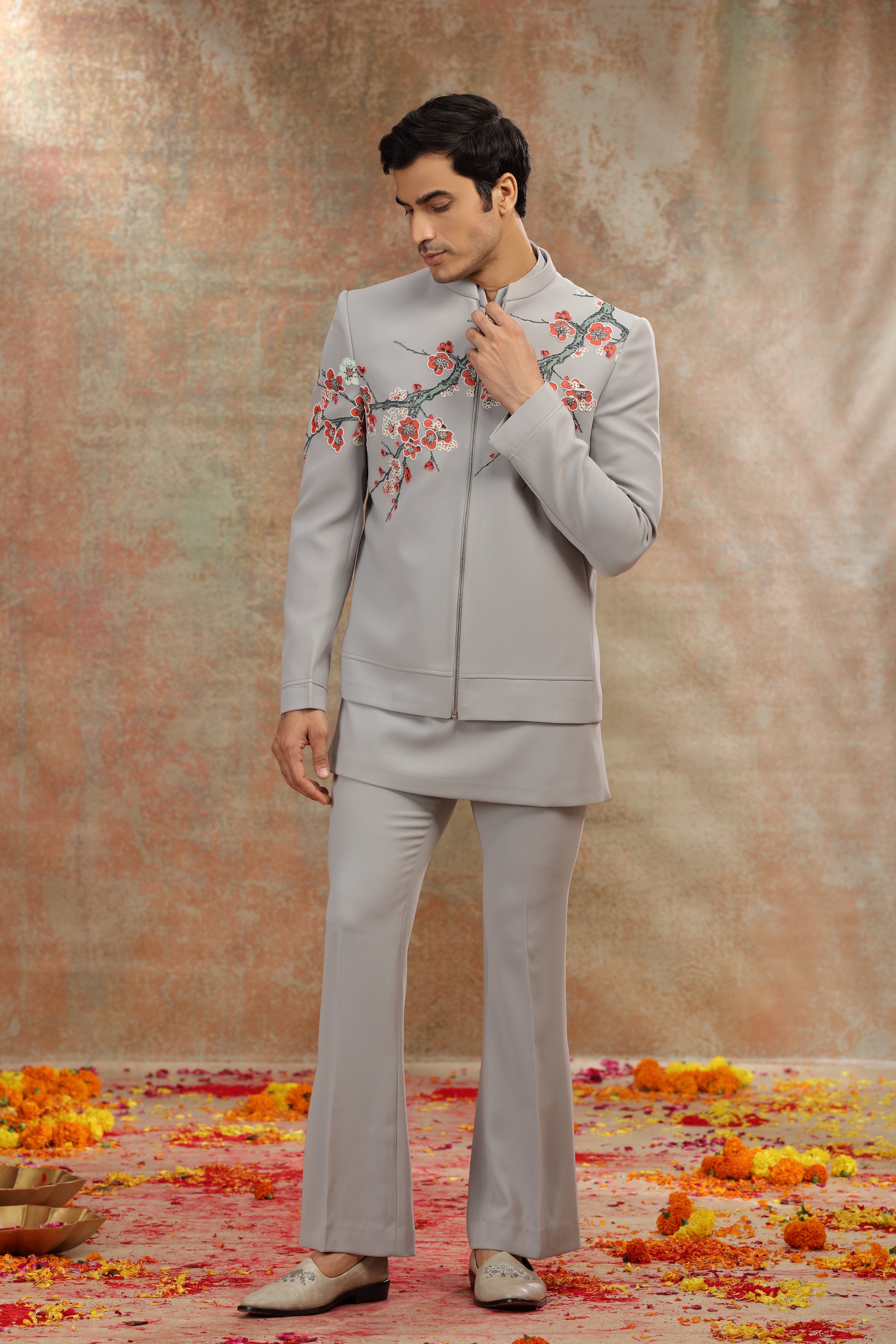 Gray Suiting Jodhpuri with Print, Resham Work