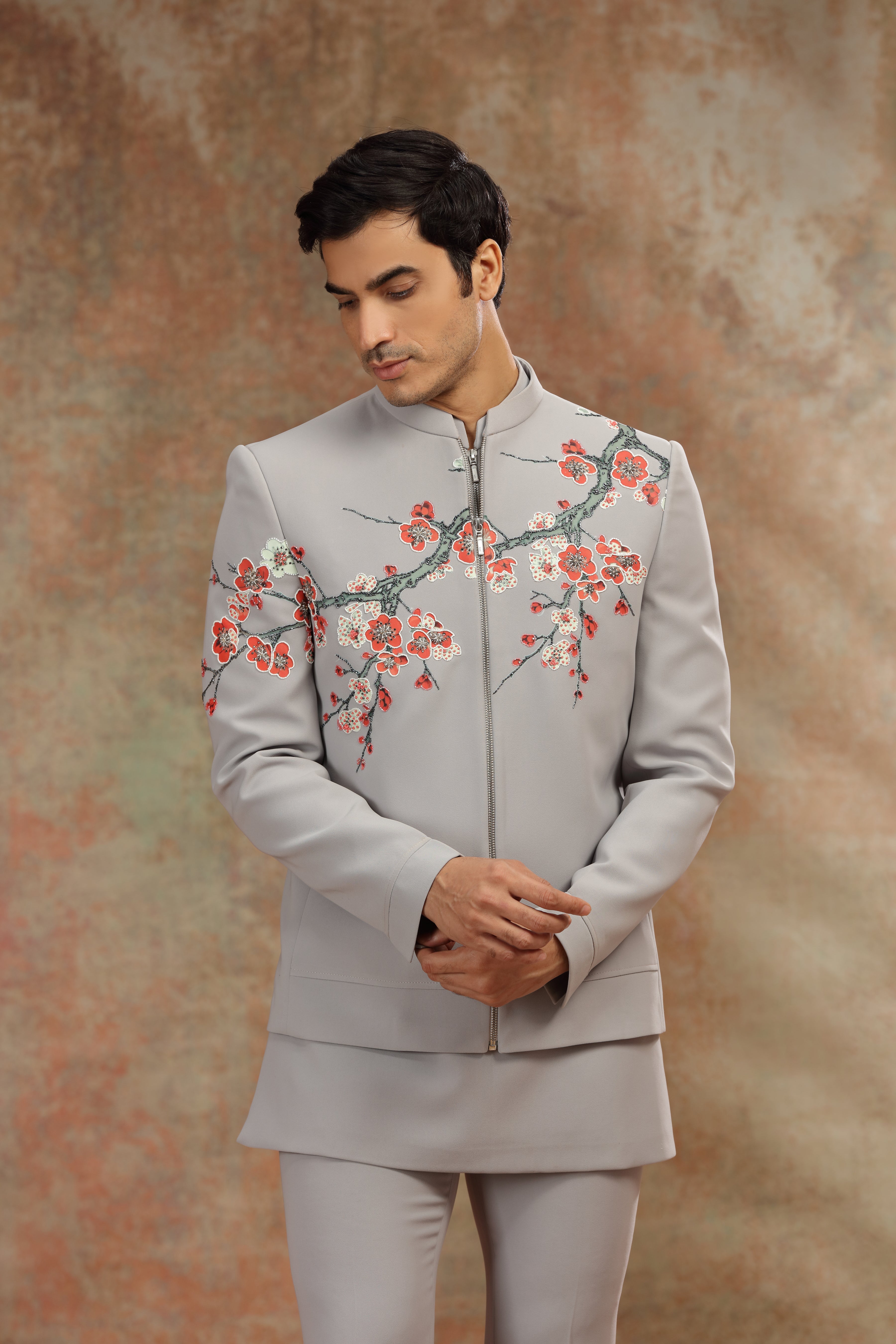 Gray Suiting Jodhpuri with Print, Resham Work