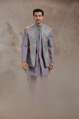Lilac Silk Jacket Set With Abstract Print