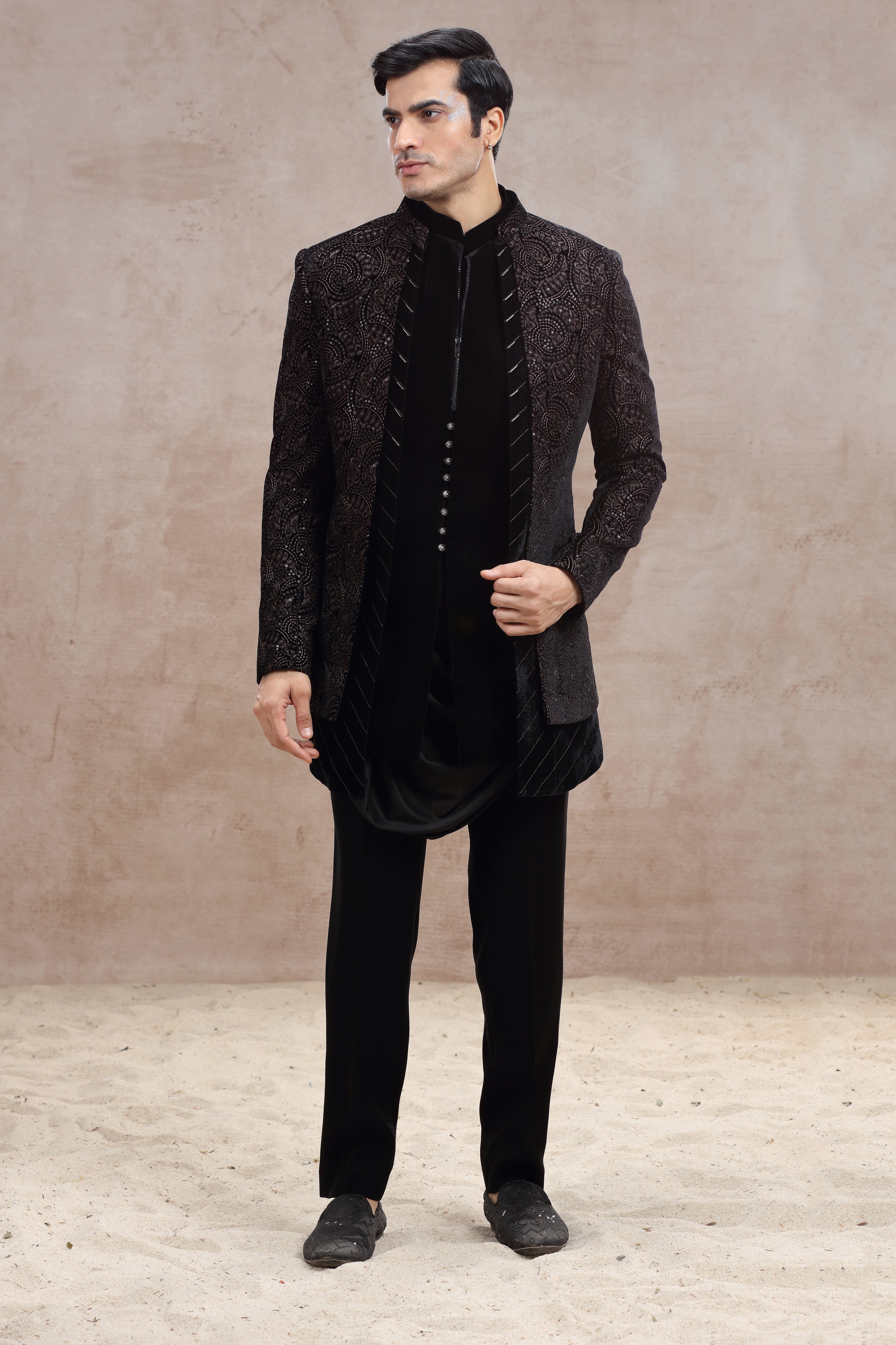 Black Indo Western Suit with Thread Work & Sequences