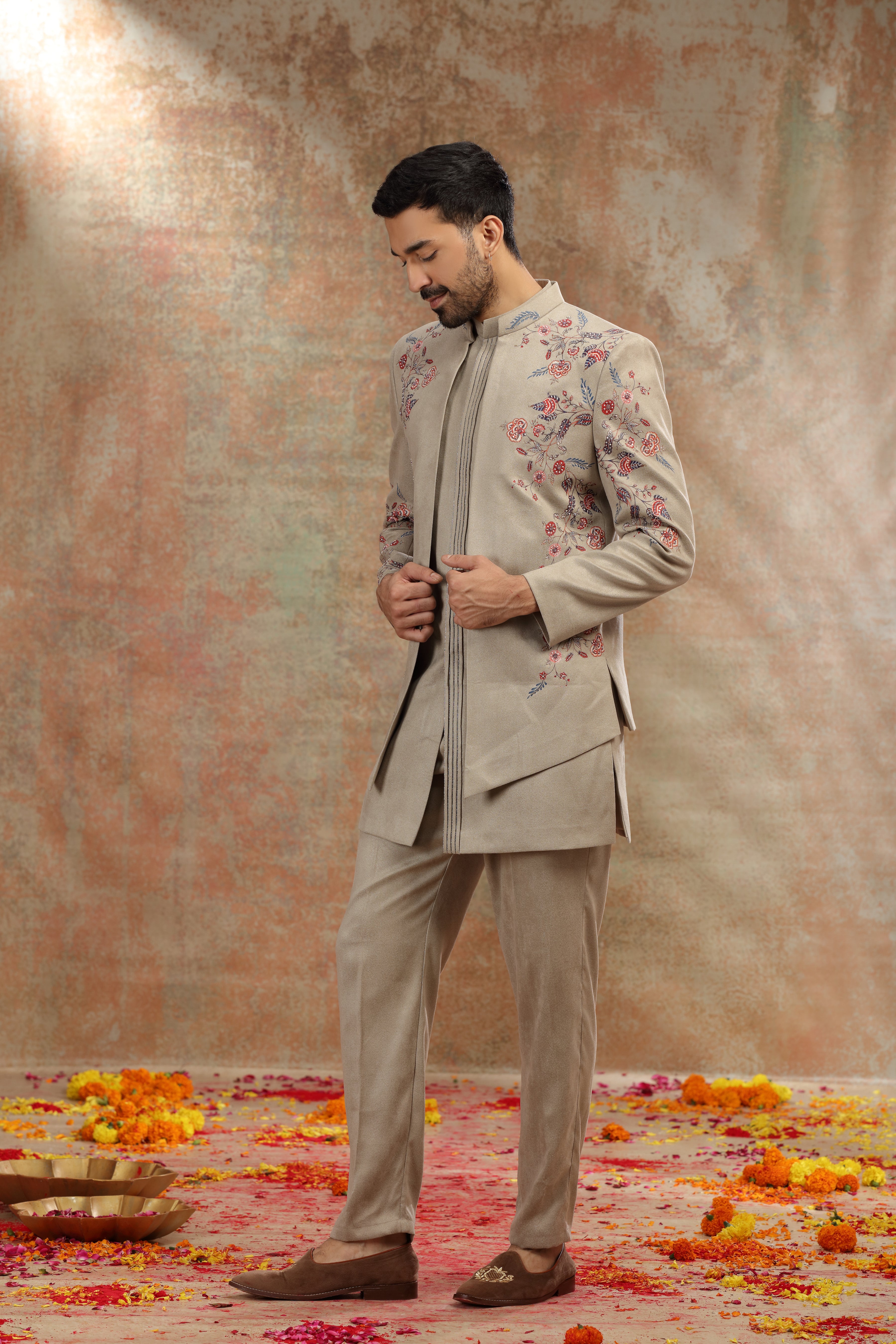 Olive Green Silk Jodhpuri Suit with Cutdana Work