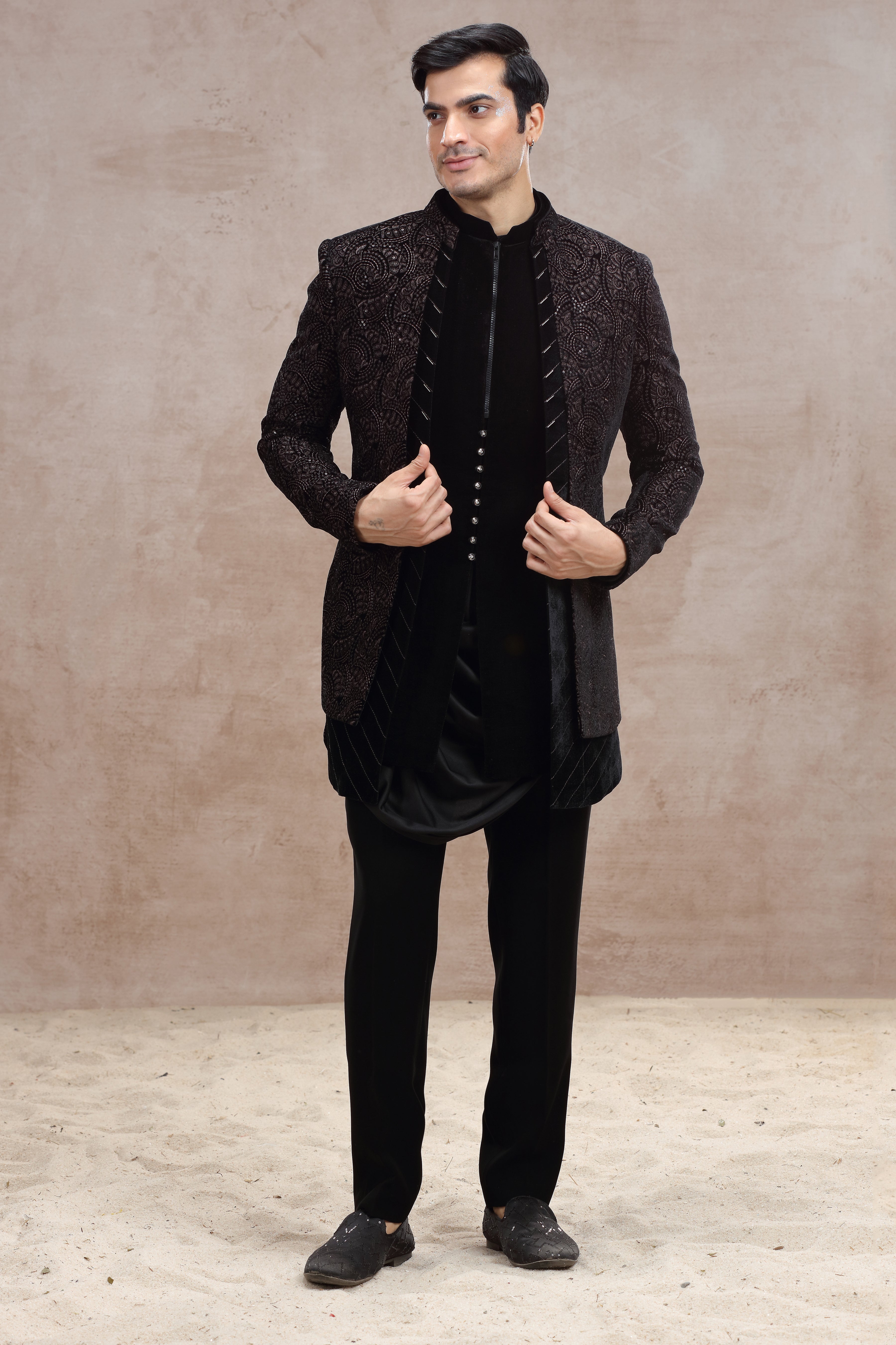 Black Indo Western Suit with Thread Work & Sequences