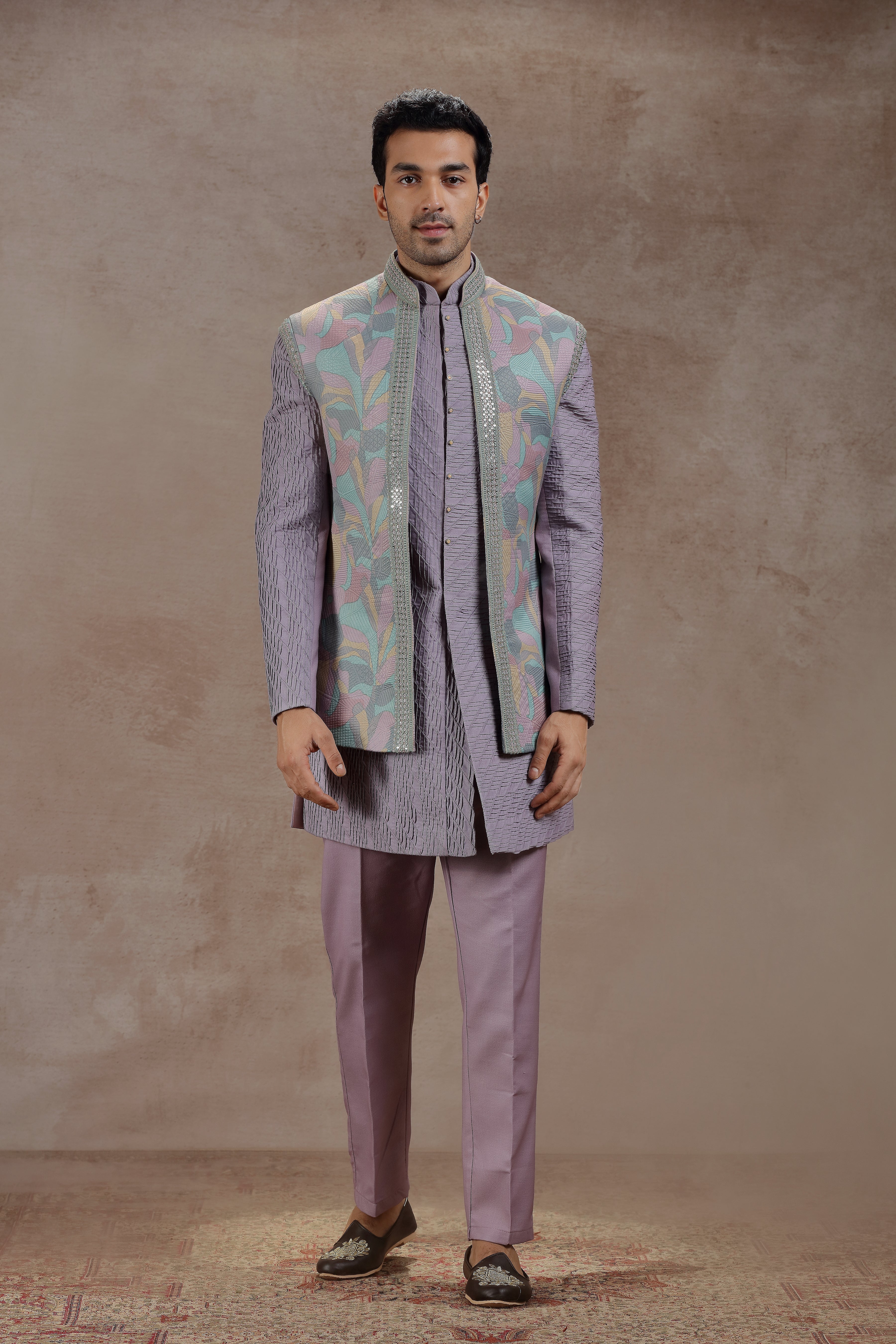 Lilac Silk Jacket Set With Abstract Print - Shreeman