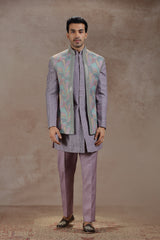 Lilac Silk Jacket Set With Abstract Print