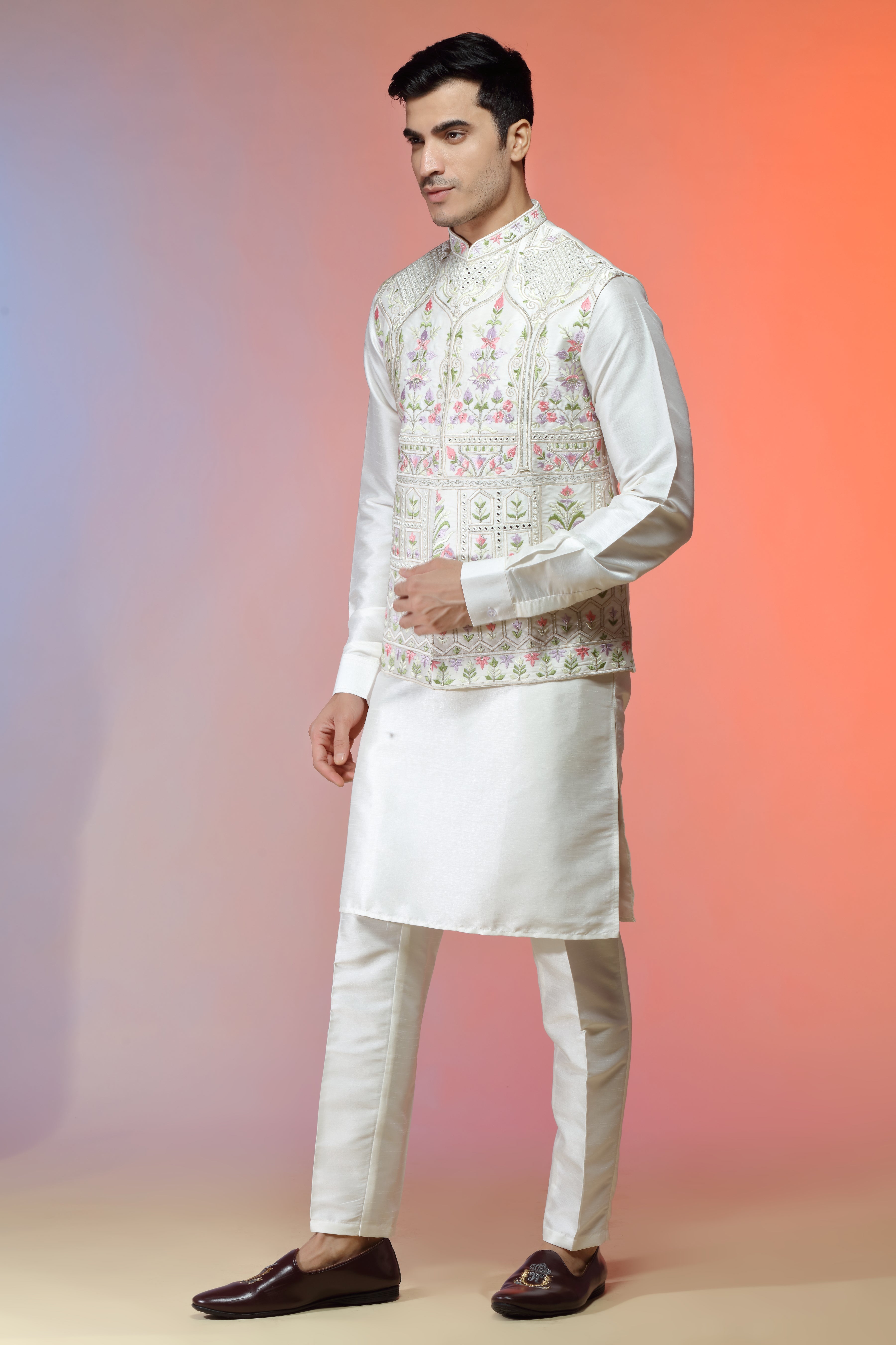 Ivory Silk Jacket Set In Floral Embroidery For Men - Shreeman