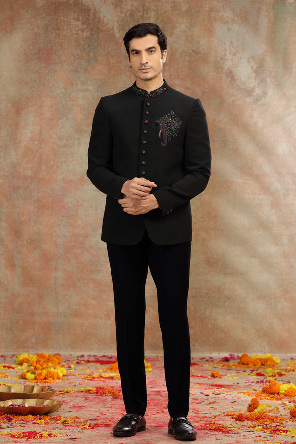 Black Suiting Jodhpuri Suit with Zardosi and Resham