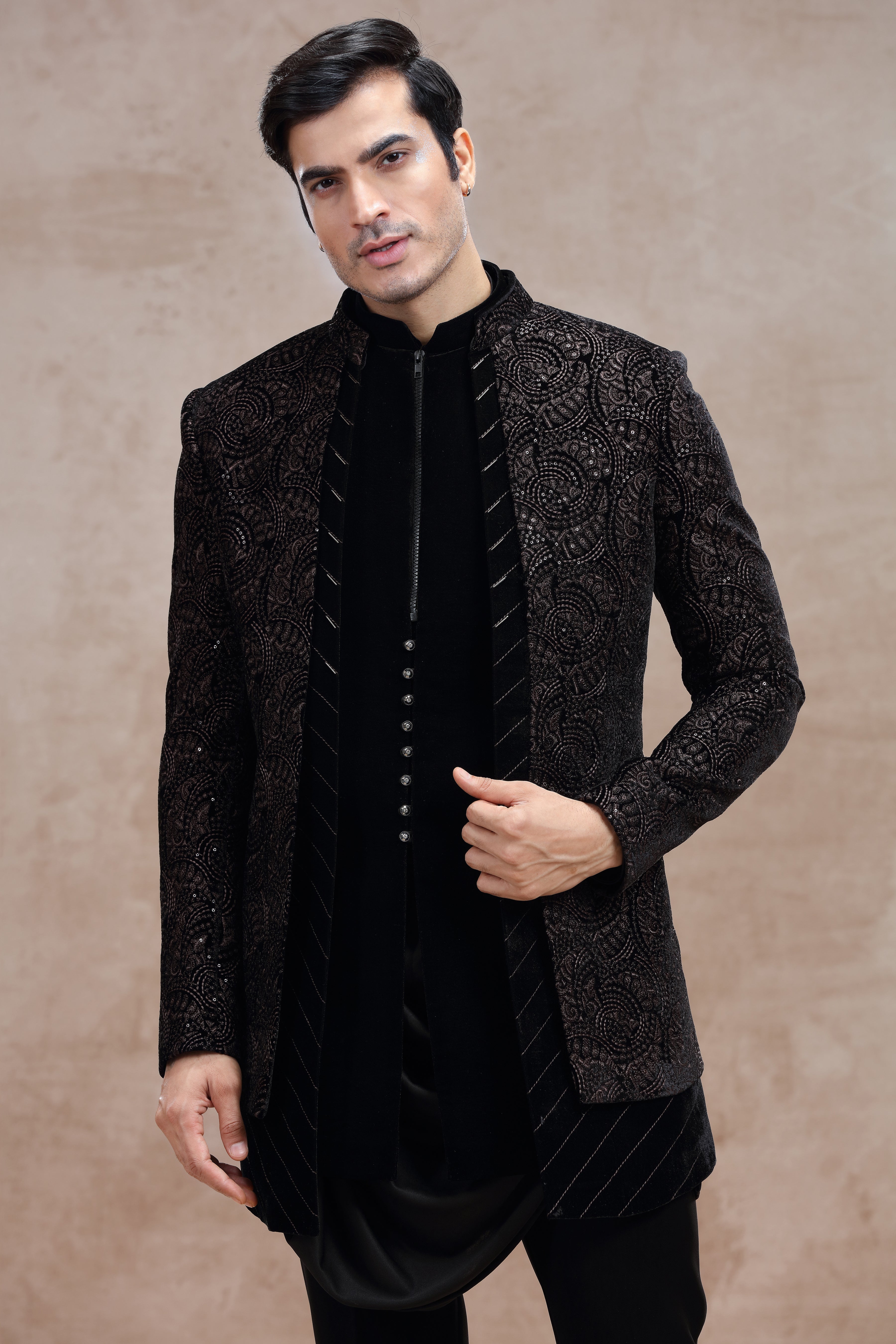 Black Indo Western Suit with Thread Work & Sequences