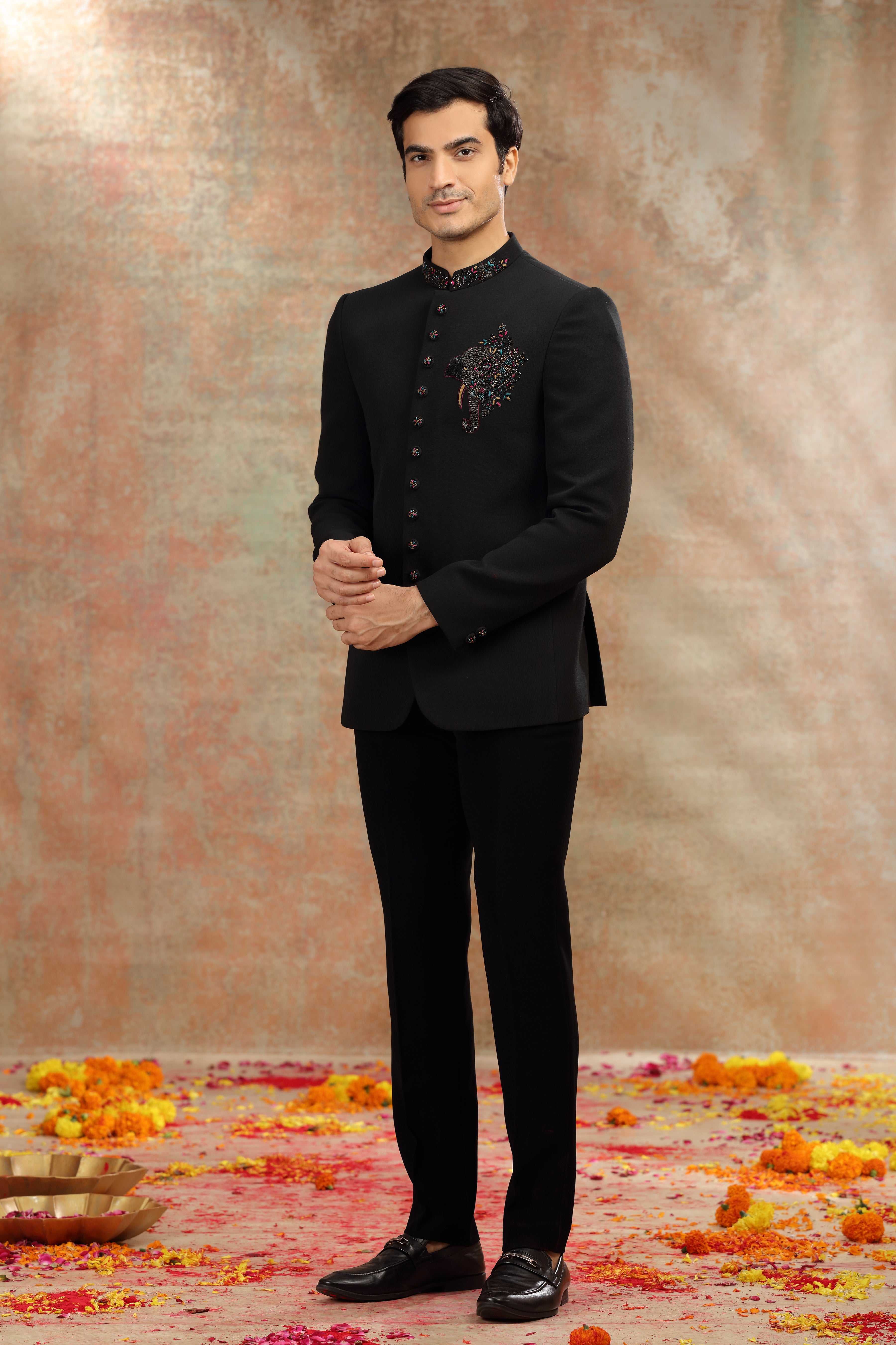 Black Suiting Jodhpuri Suit with Zardosi and Resham