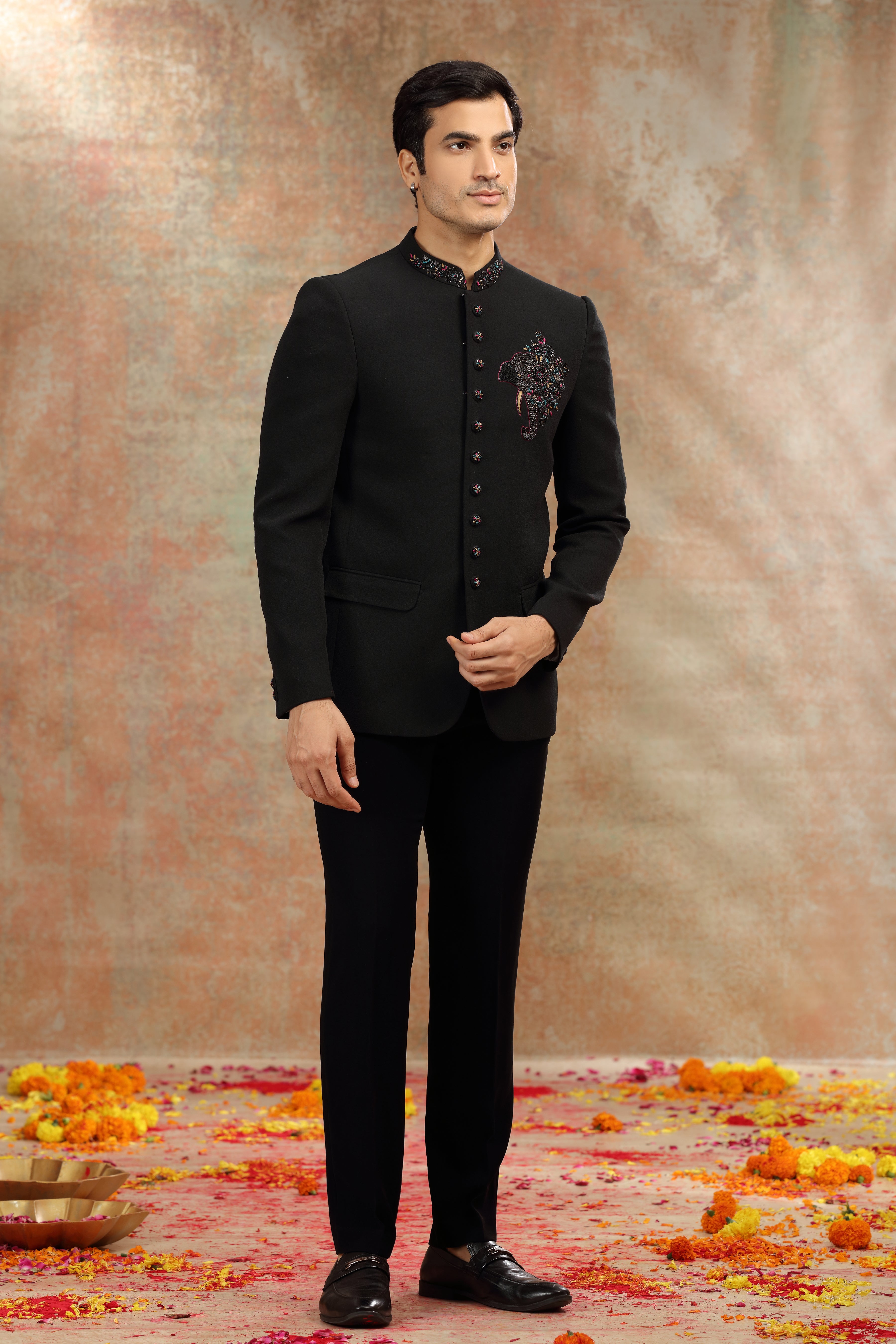 Black Suiting Jodhpuri Suit with Zardosi and Resham