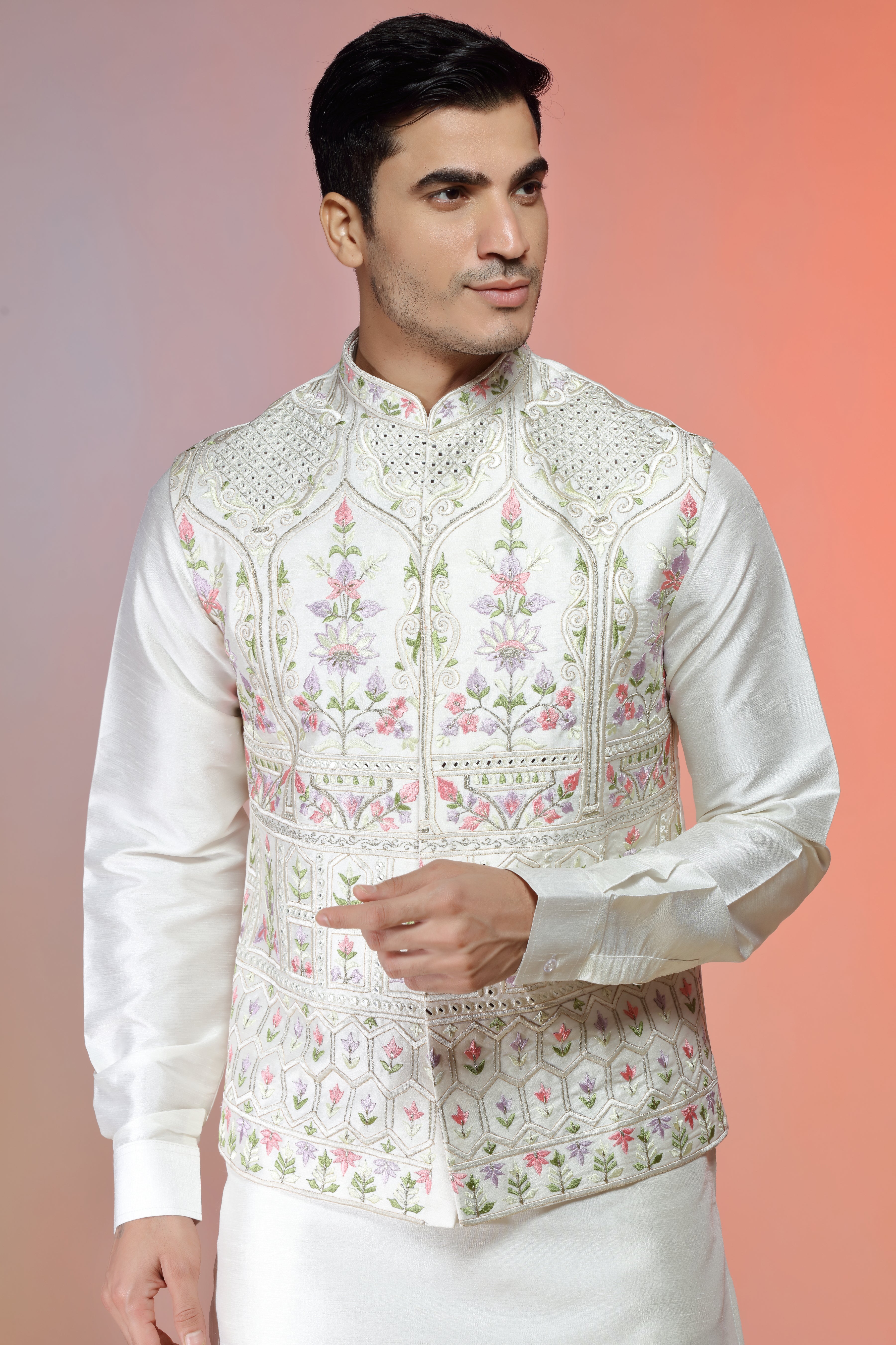 Ivory Silk Jacket Set In Floral Embroidery For Men - Shreeman