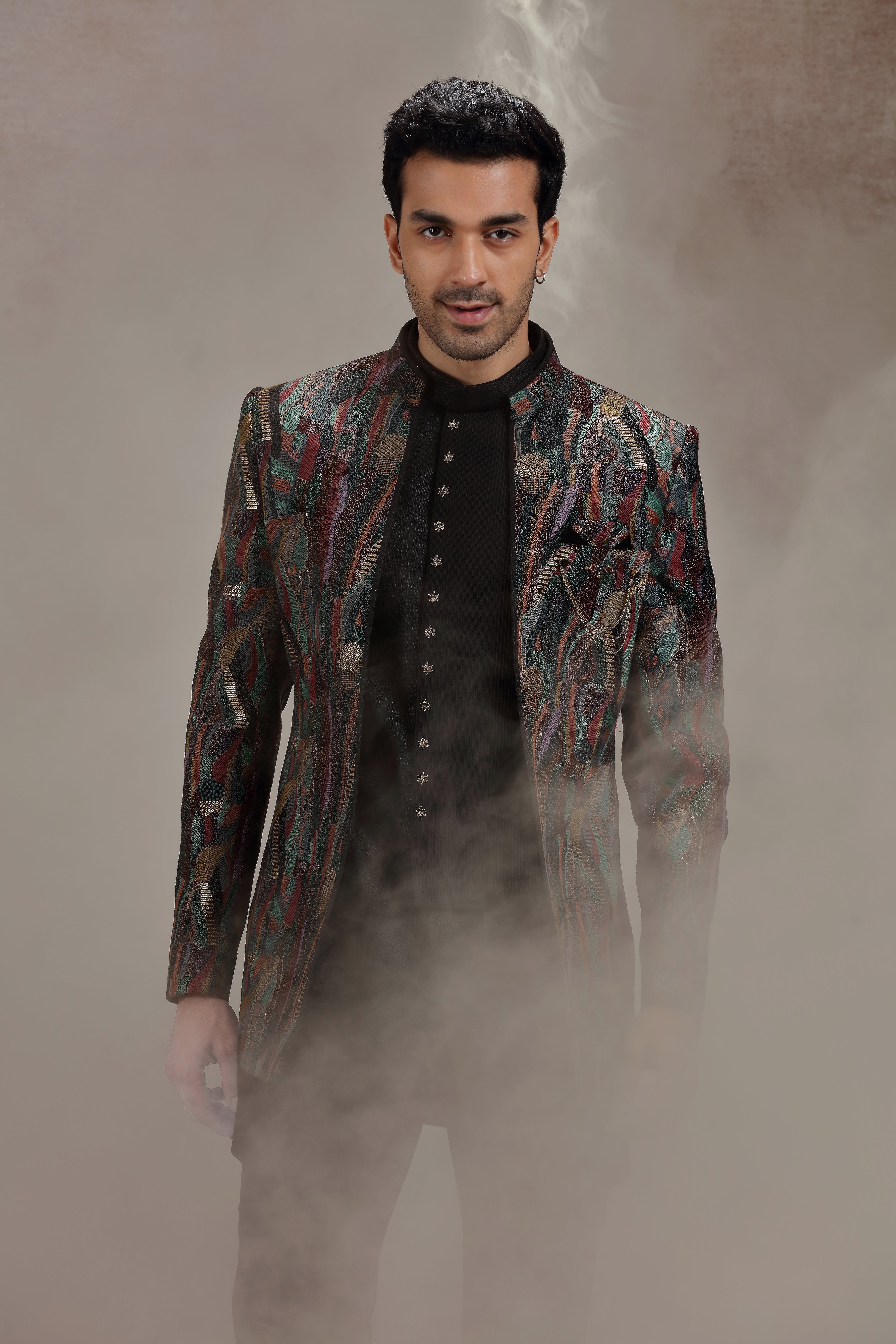 Black Silk Indowestern Set With Abstract Embroidery - Shreeman