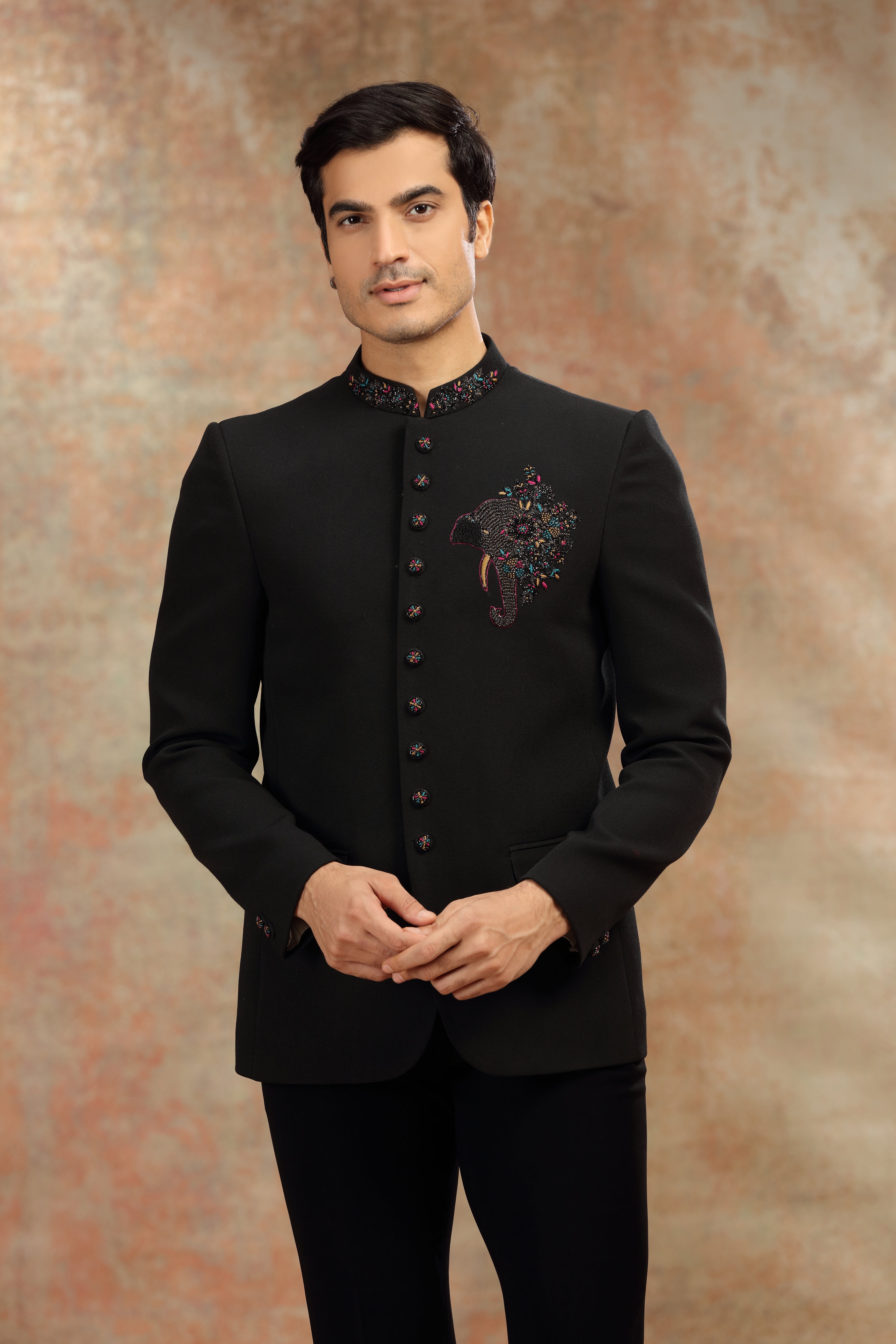 Black Suiting Jodhpuri Suit with Zardosi and Resham