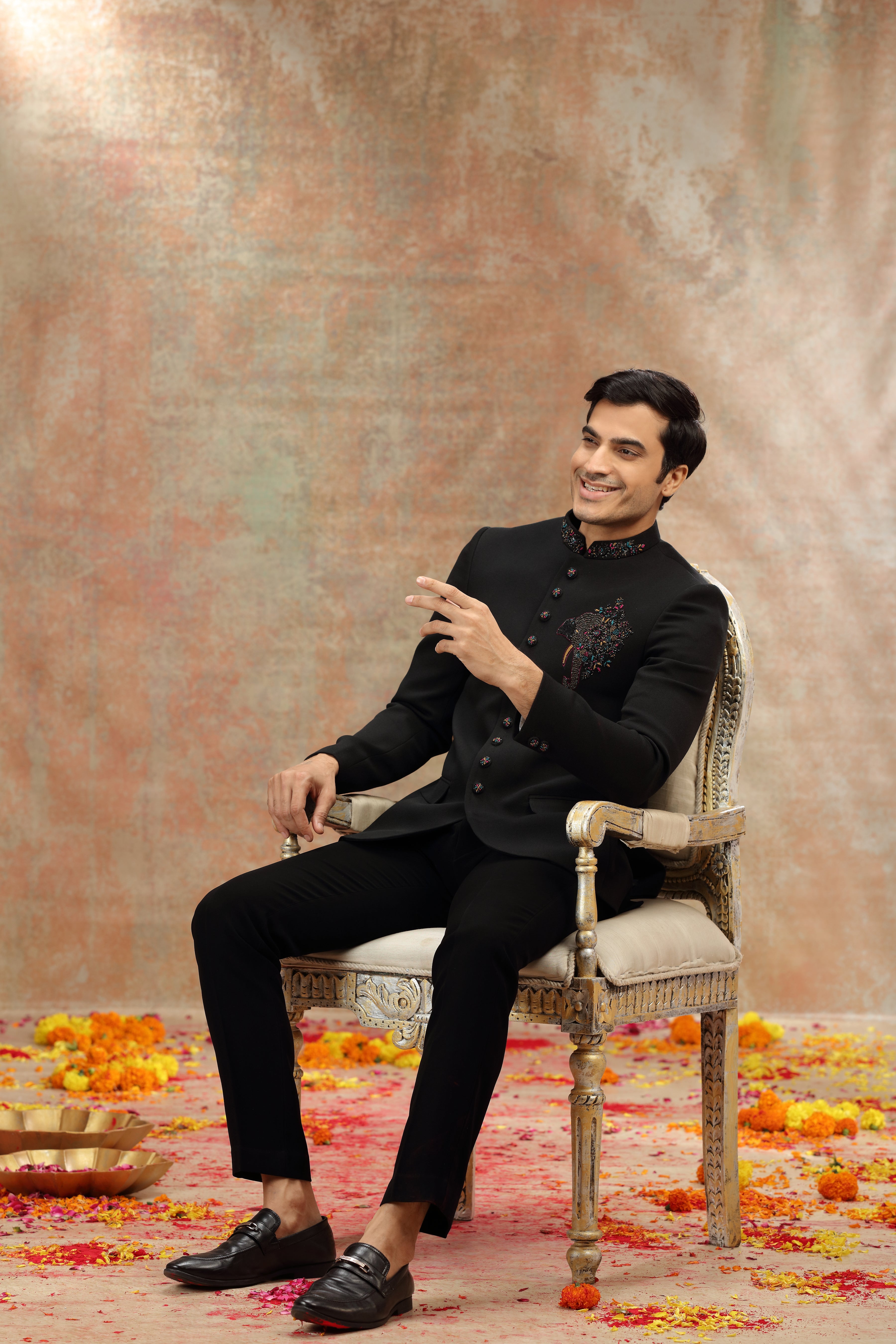 Black Suiting Jodhpuri Suit with Zardosi and Resham