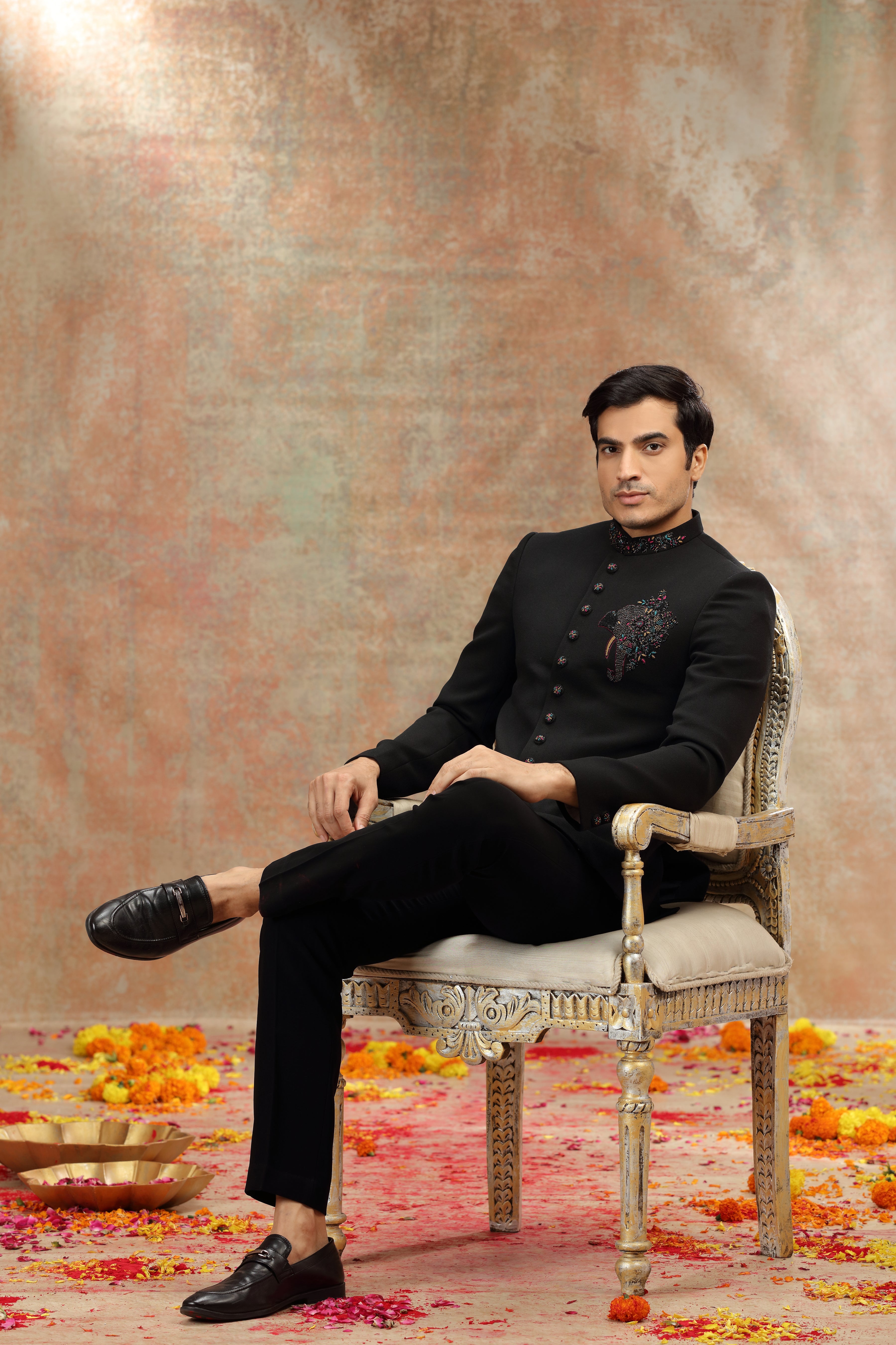 Black Suiting Jodhpuri Suit with Zardosi and Resham