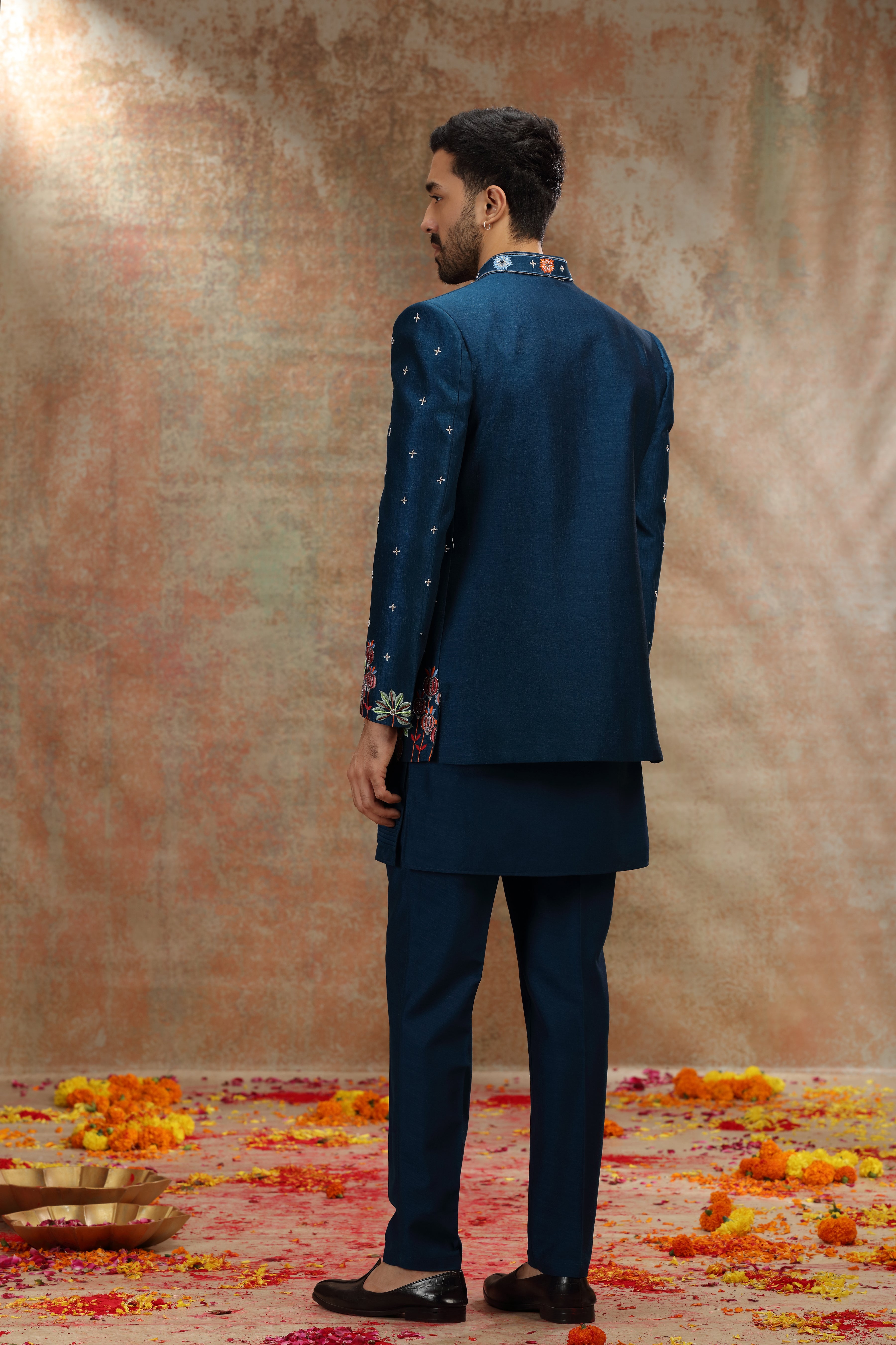 Teal Silk Jodhpuri with Resham, Cutdana and Sequins Work