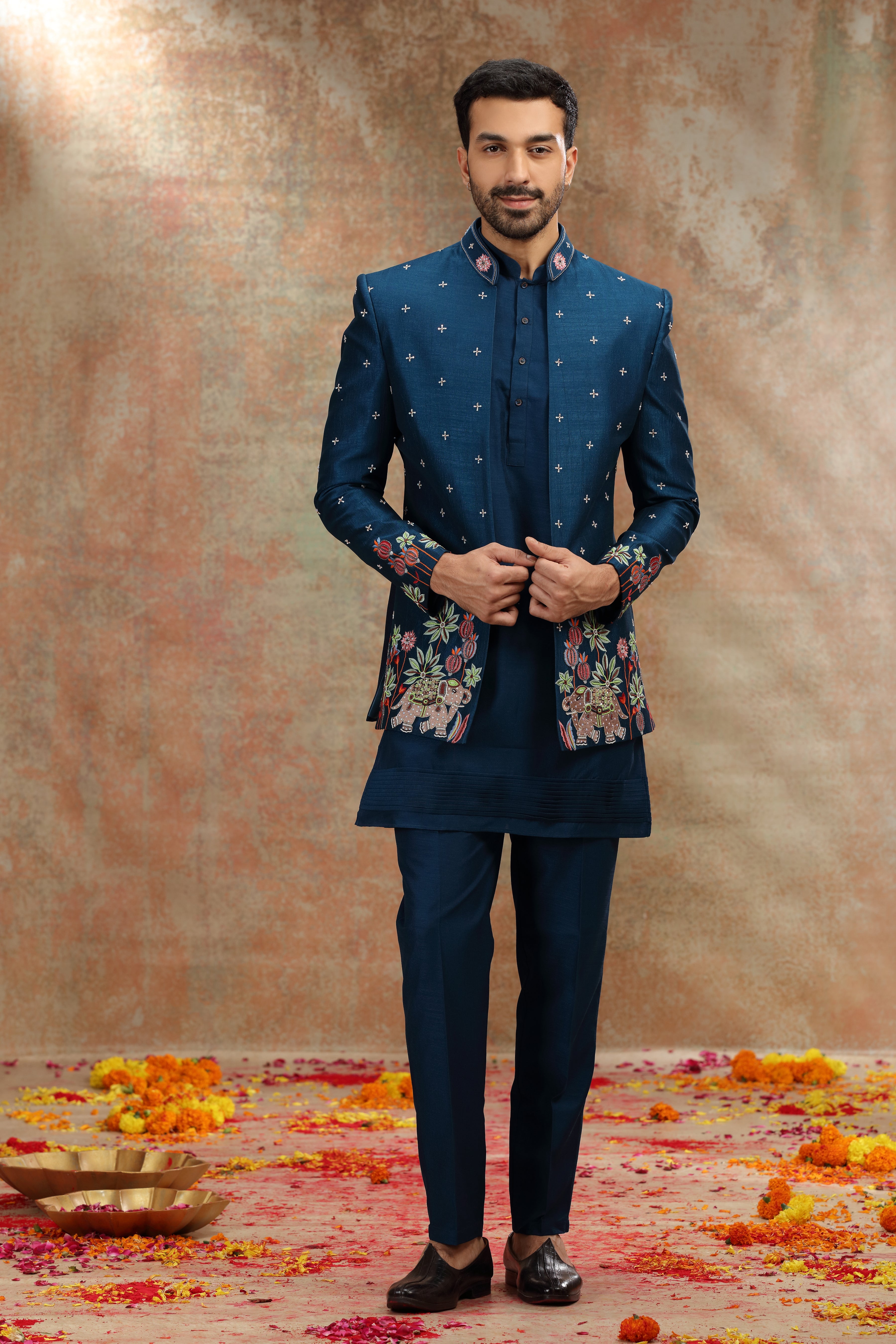 Teal Silk Jodhpuri with Resham, Cutdana and Sequins Work