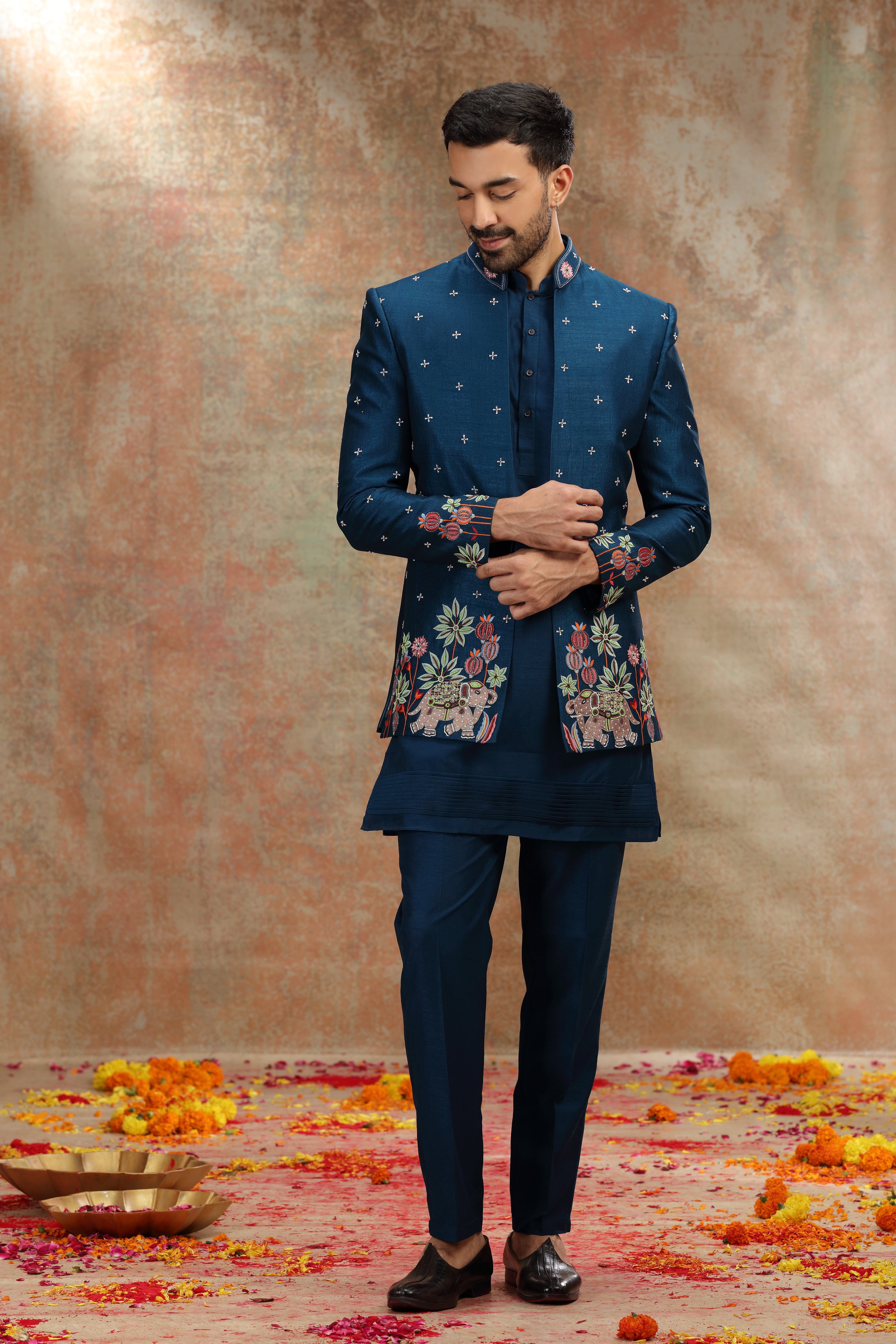 Teal Silk Jodhpuri with Resham, Cutdana and Sequins Work