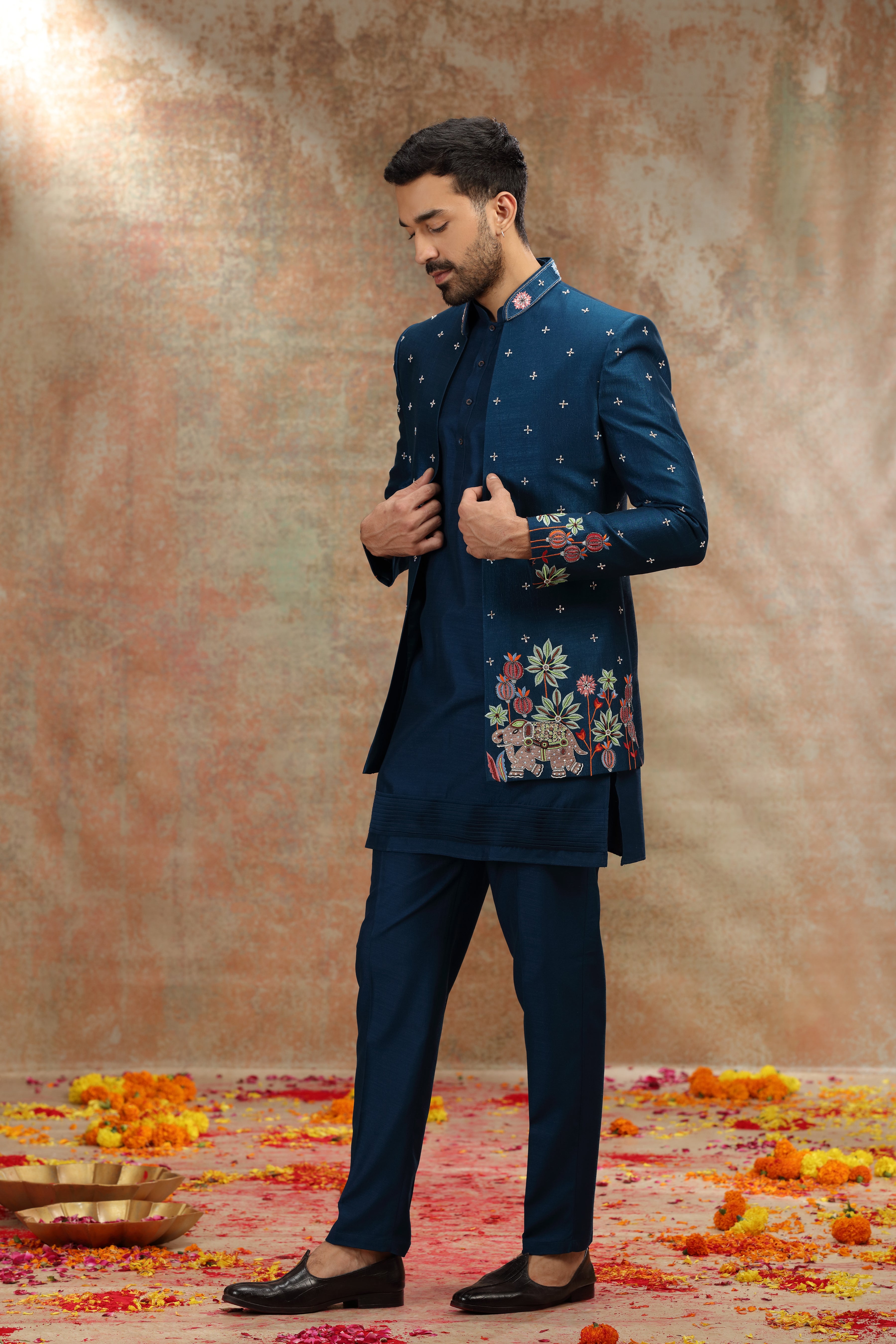 Teal Silk Jodhpuri with Resham, Cutdana and Sequins Work