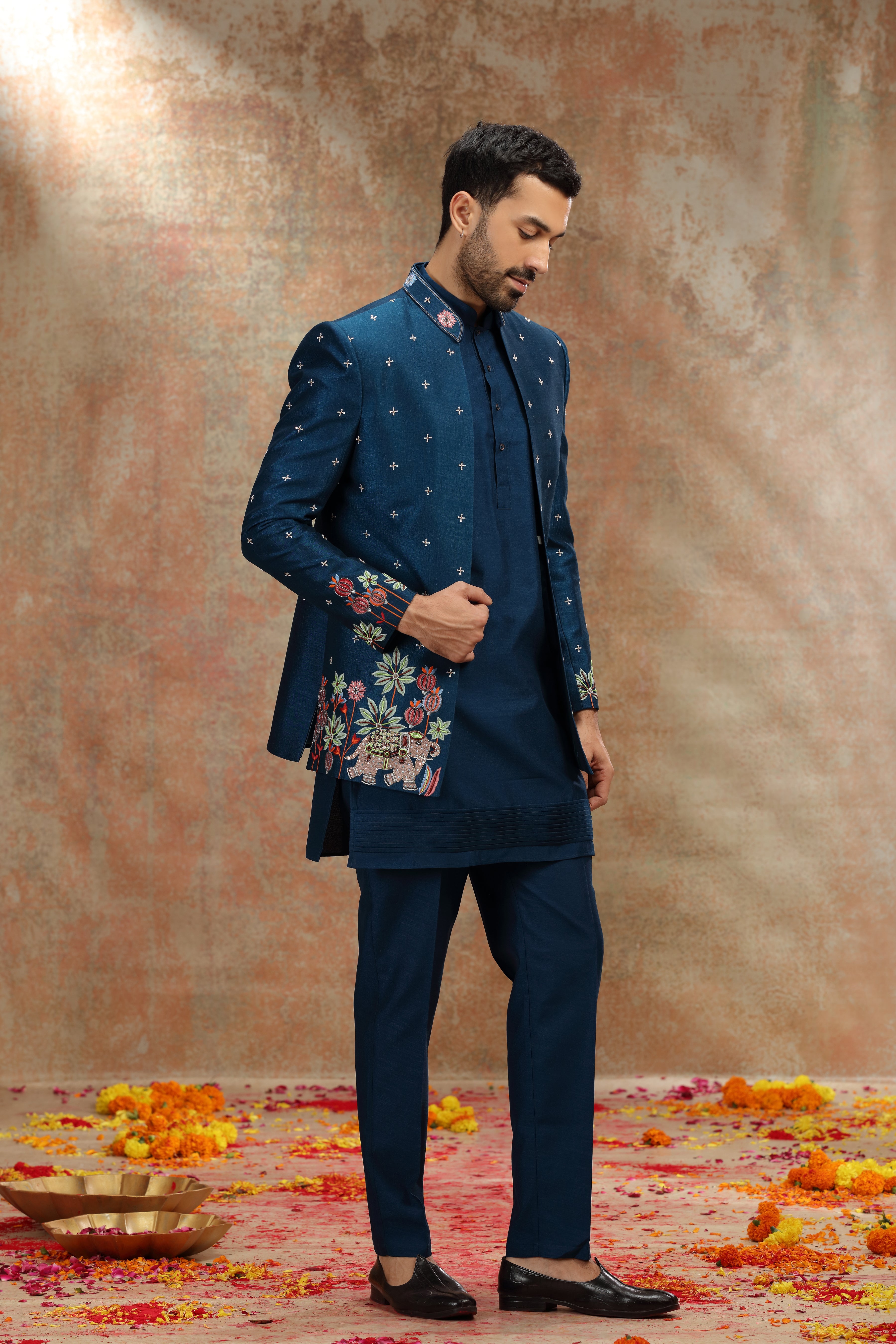 Teal Silk Jodhpuri with Resham, Cutdana and Sequins Work