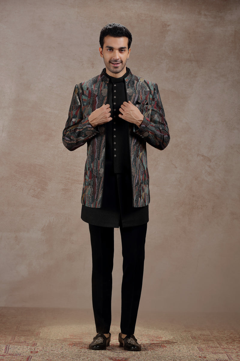 Black Silk Indowestern Set With Abstract Embroidery