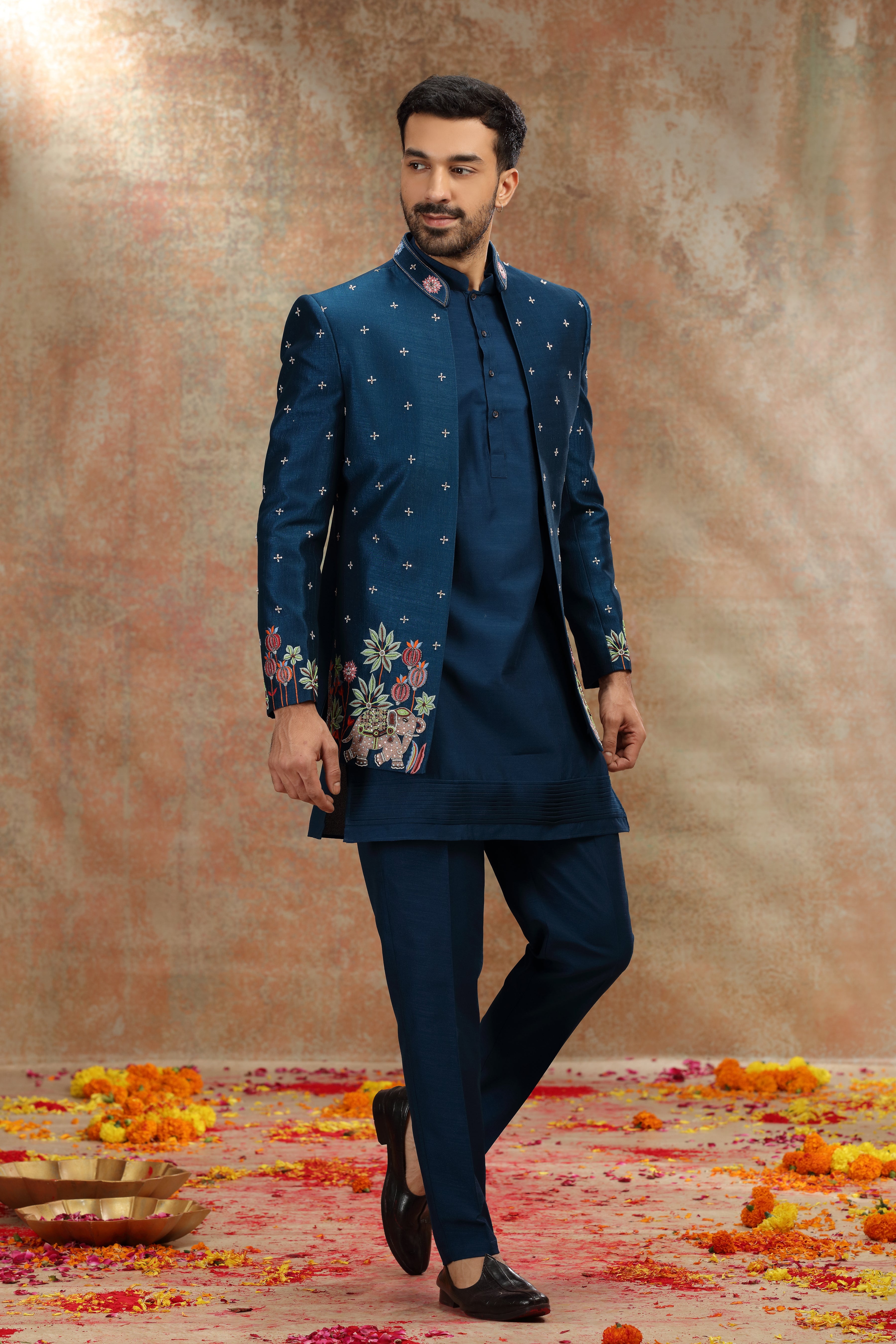 Teal Silk Jodhpuri with Resham, Cutdana and Sequins Work