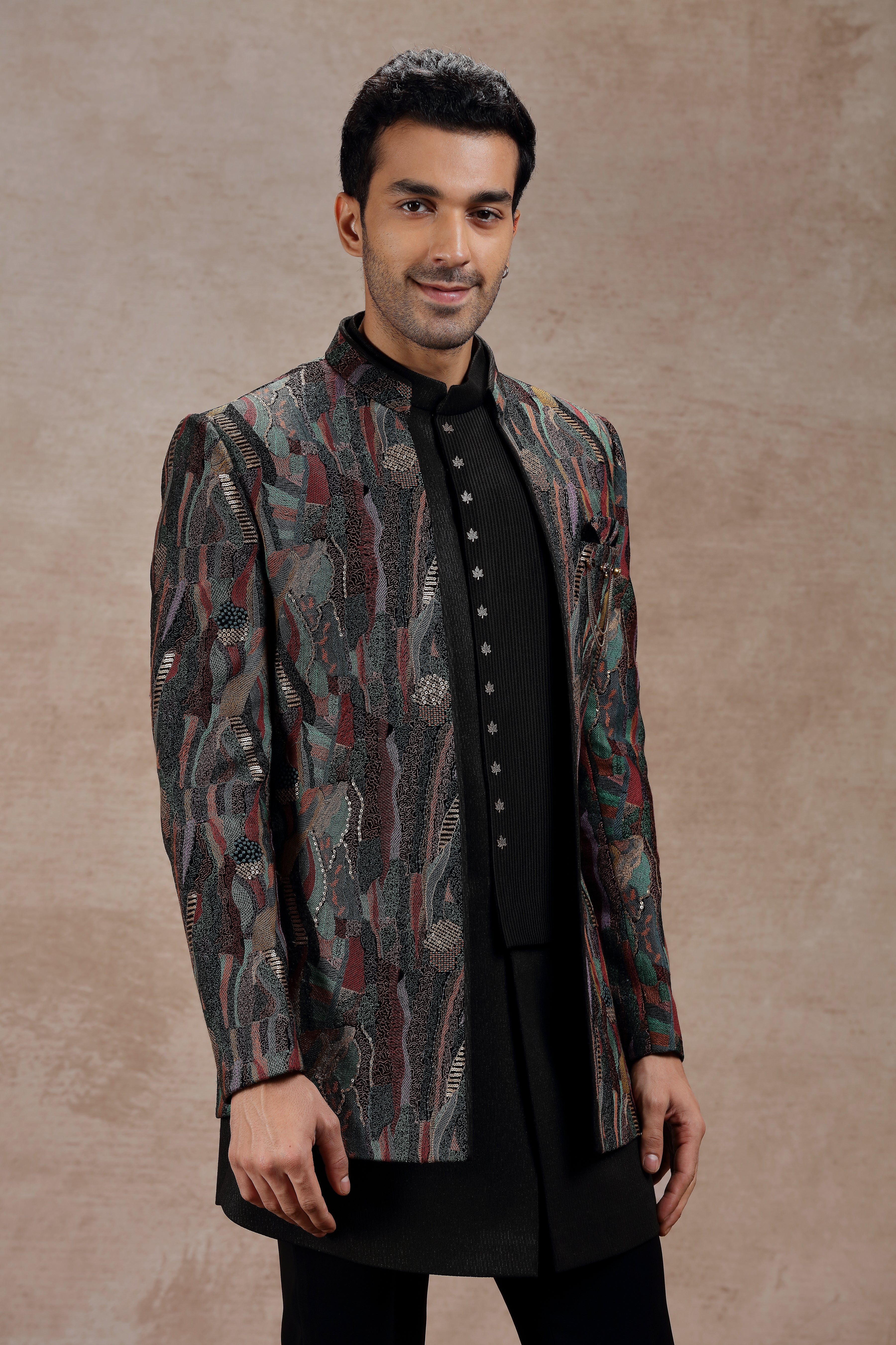 Black Silk Indowestern Set With Abstract Embroidery - Shreeman