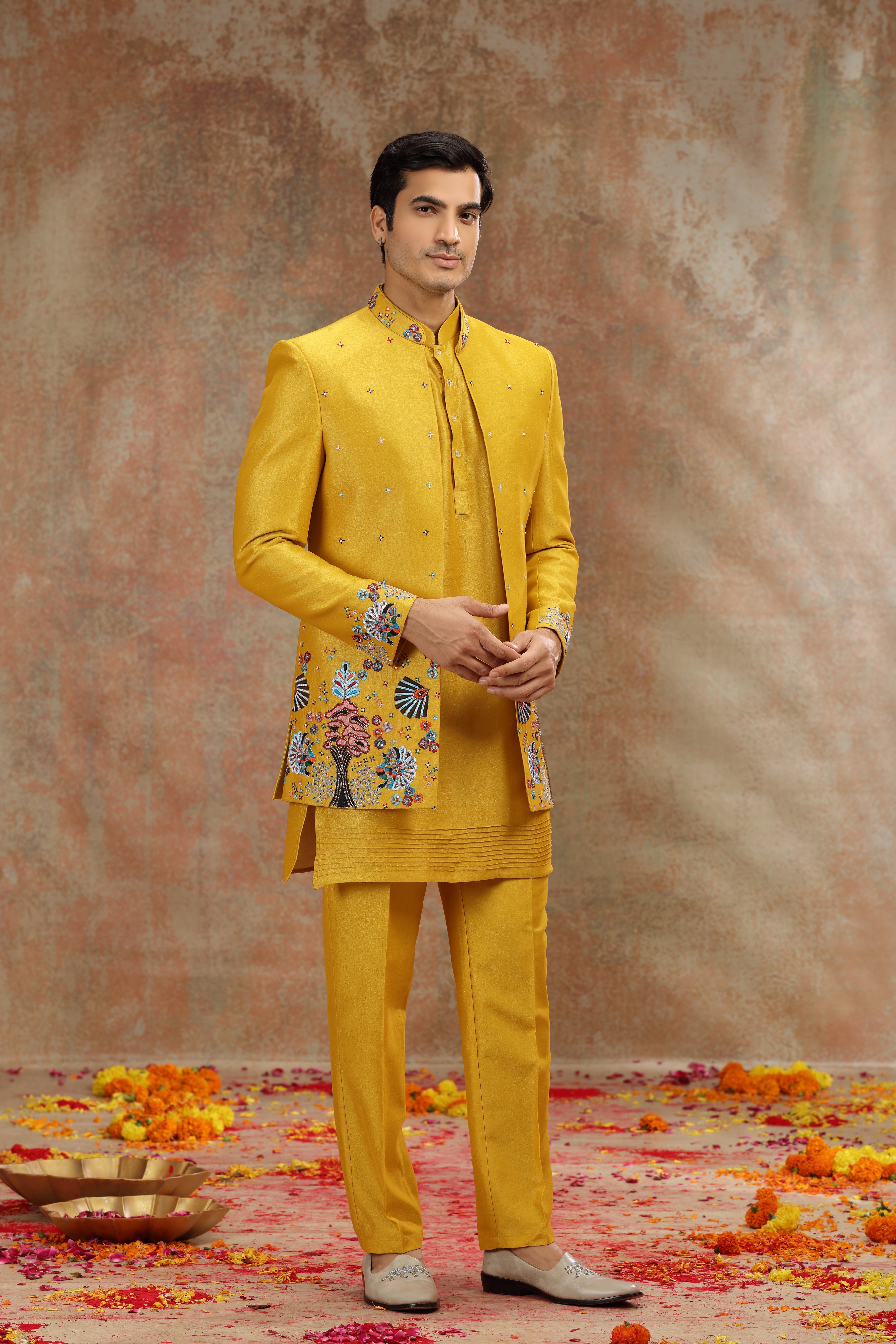 Yellow Silk Jodhpuri Suit with Resham & Cutdana Work