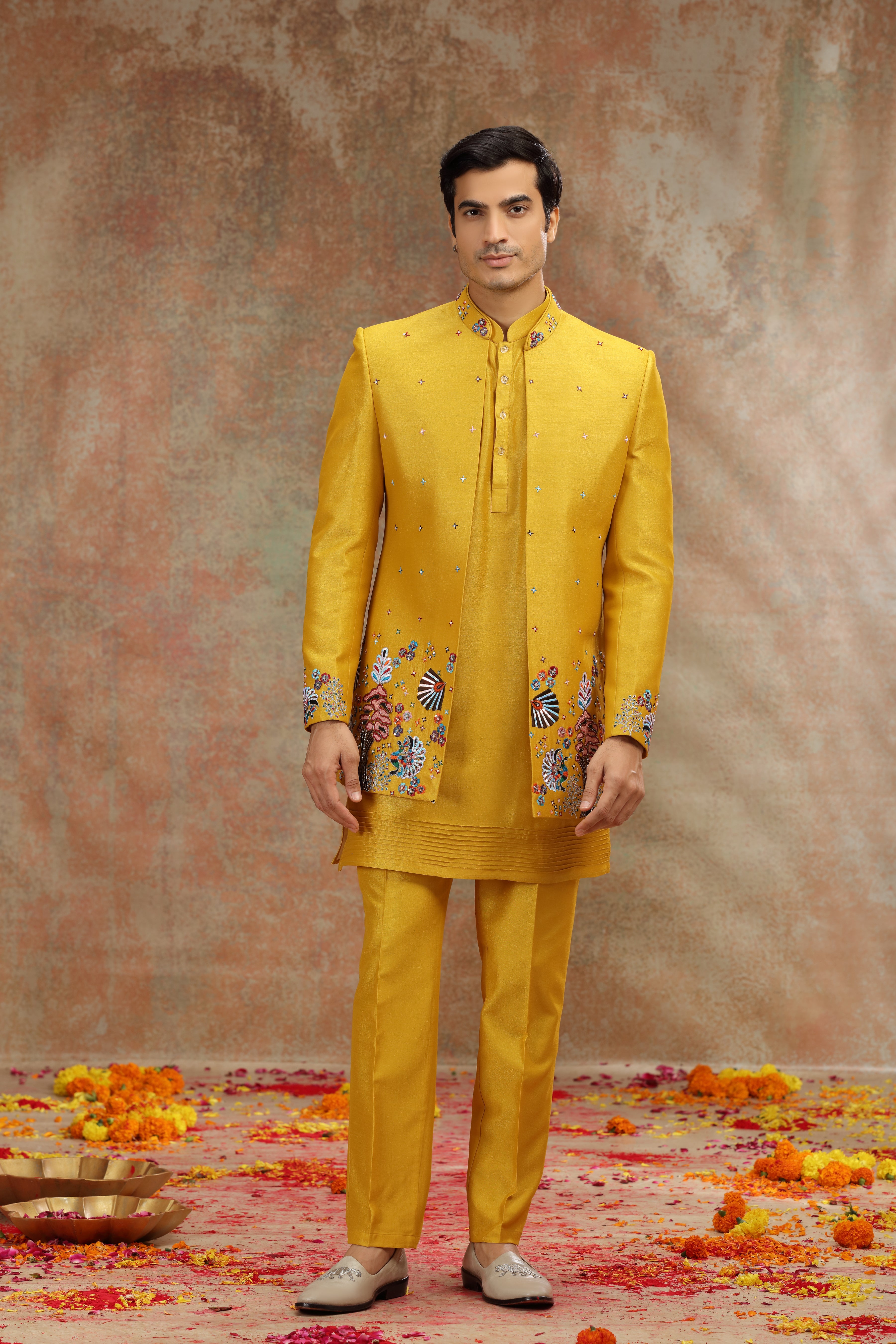 Yellow Silk Jodhpuri Suit with Resham & Cutdana Work
