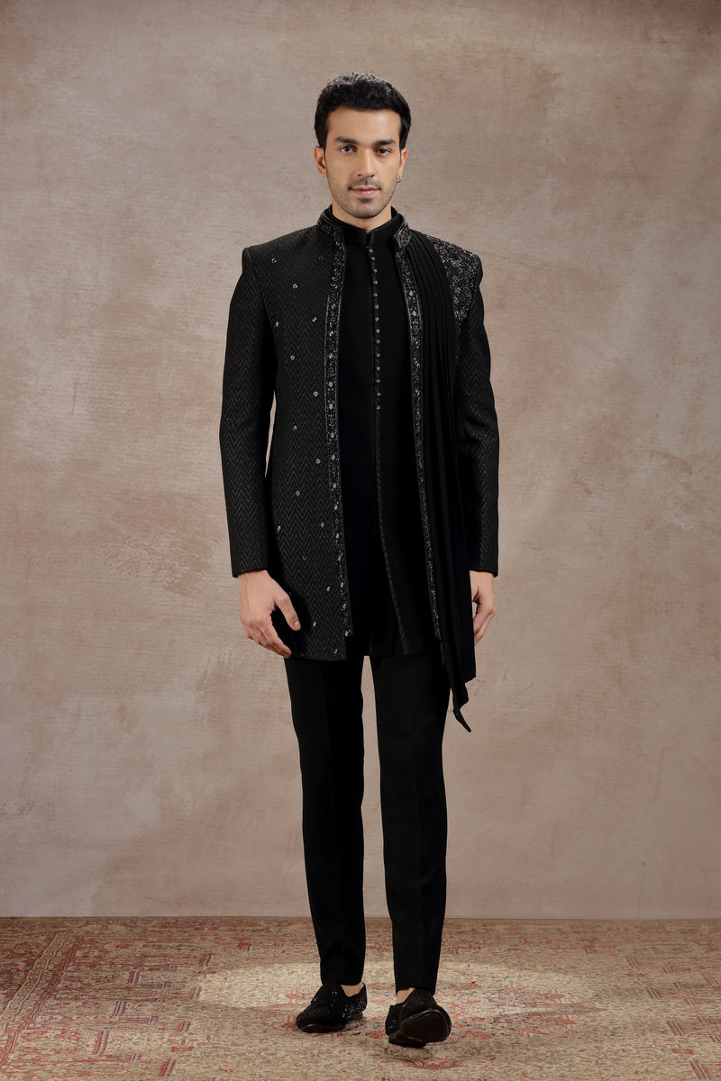 Black Silk Indowestern With Sequins & Zardosi Work