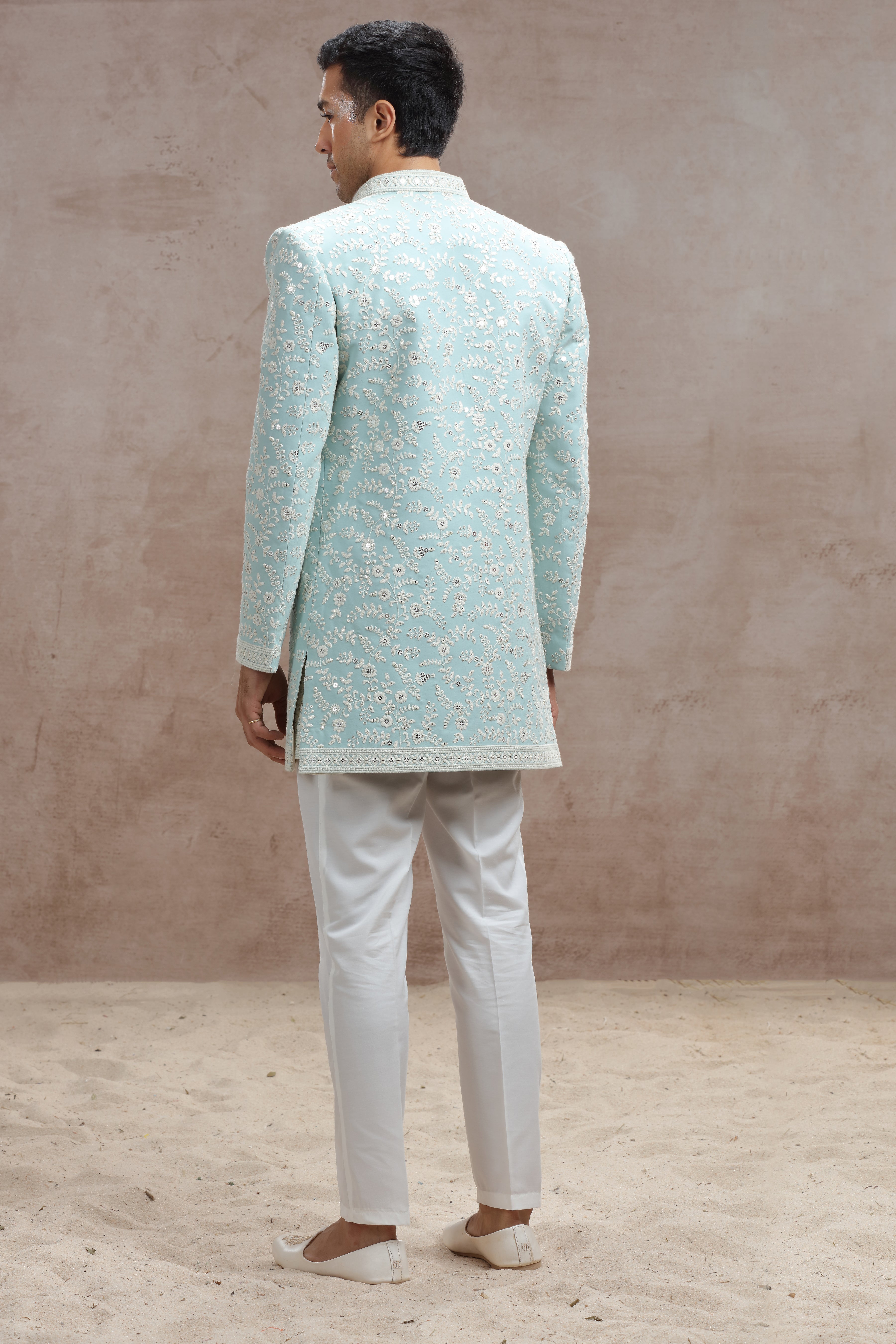 Sky Blue Indo Western Suit with Chikankari Floral Embroidery