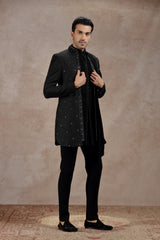 Black Silk Indowestern With Sequins & Zardosi Work