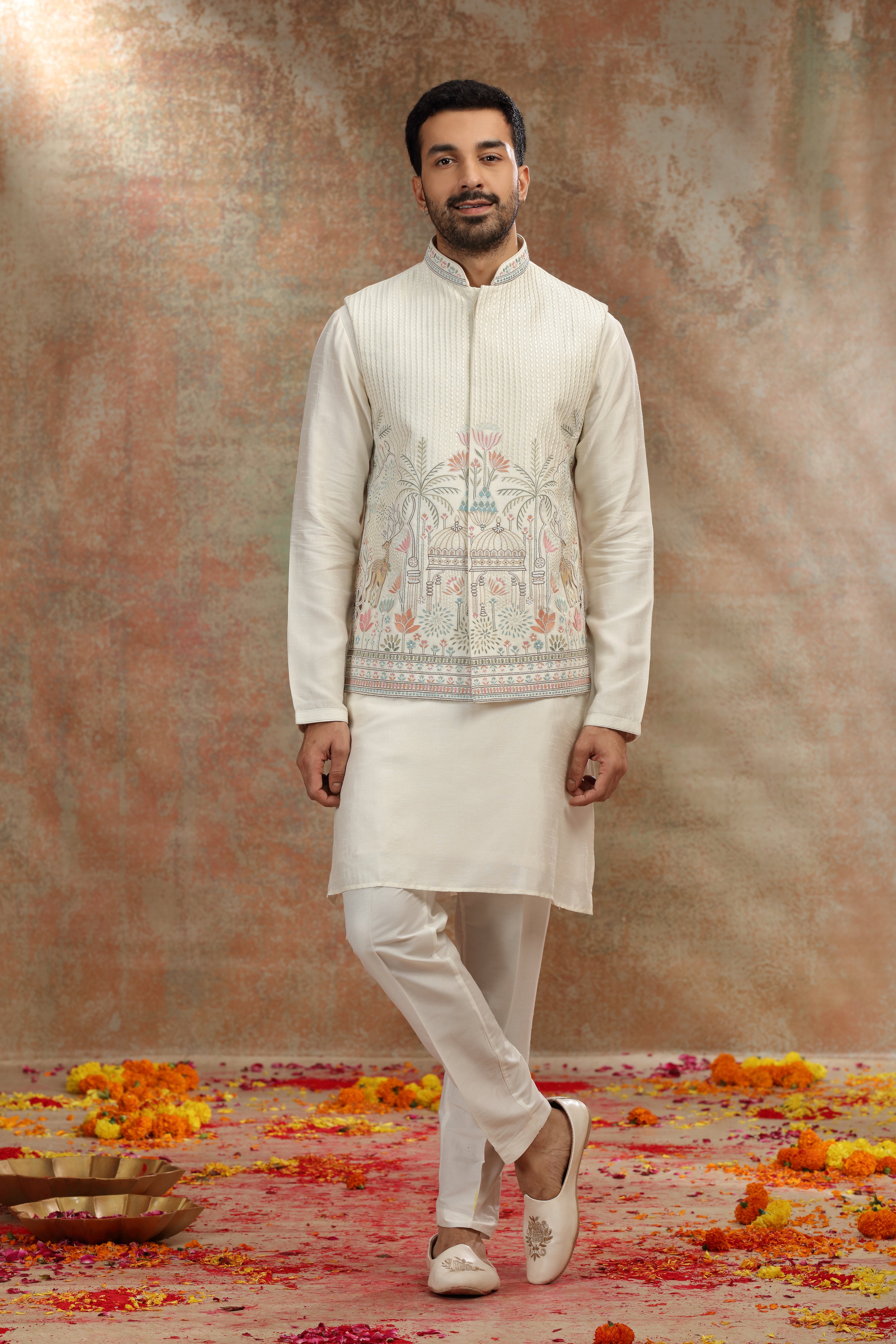 Ivory Silk Koti Kurta Set with Resham and Sequins