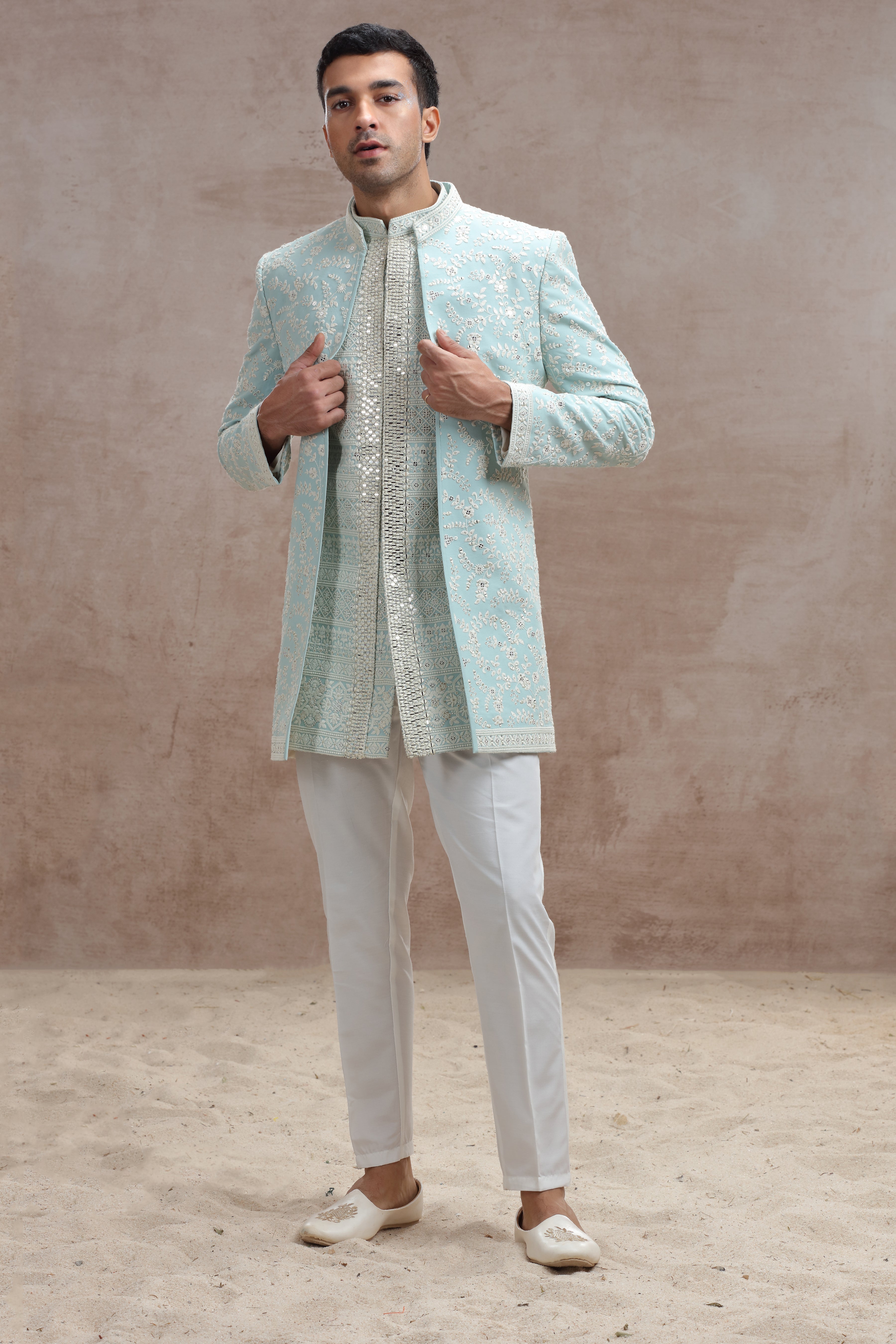 Sky Blue Indo Western Suit with Chikankari Floral Embroidery