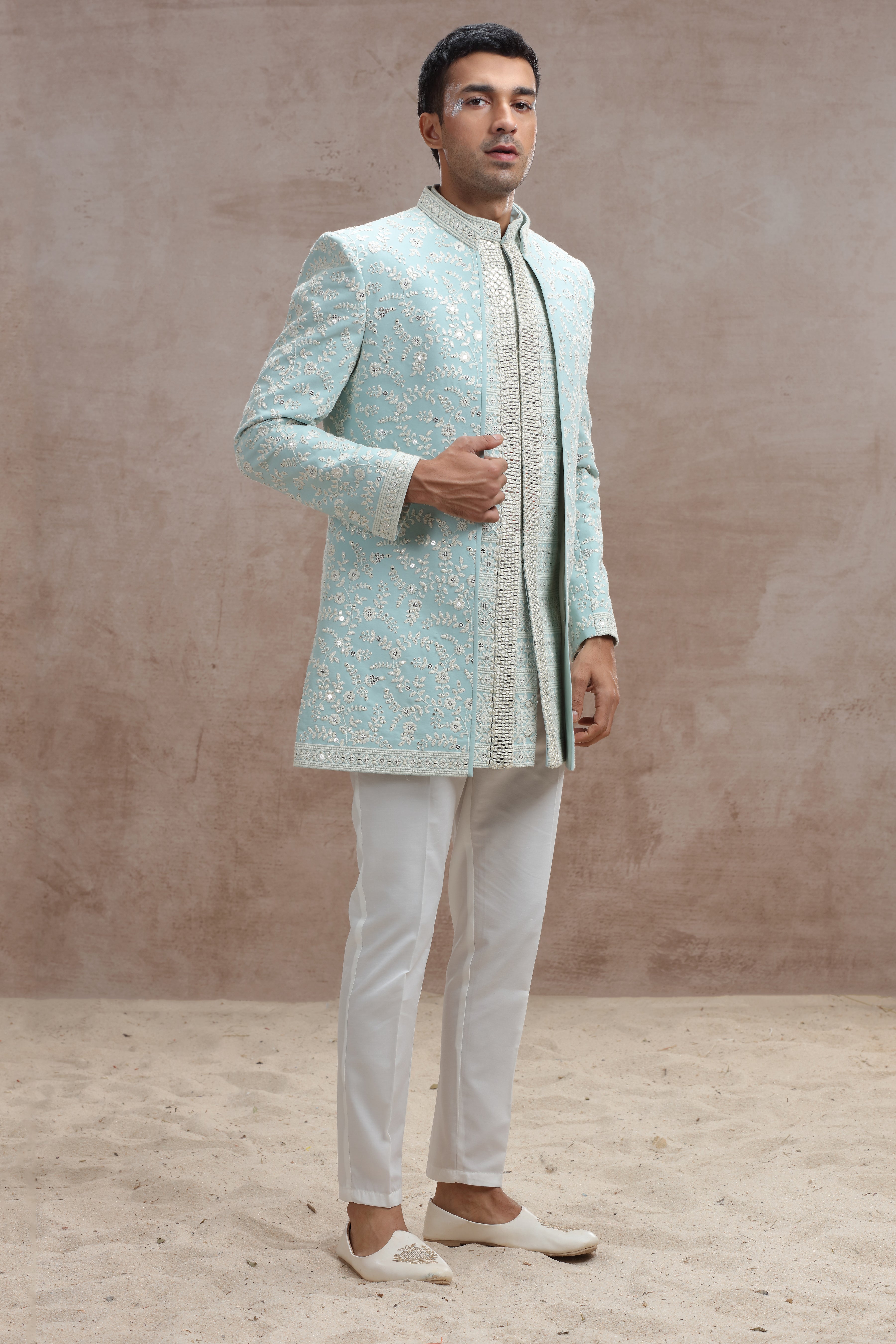 Sky Blue Indo Western Suit with Chikankari Floral Embroidery