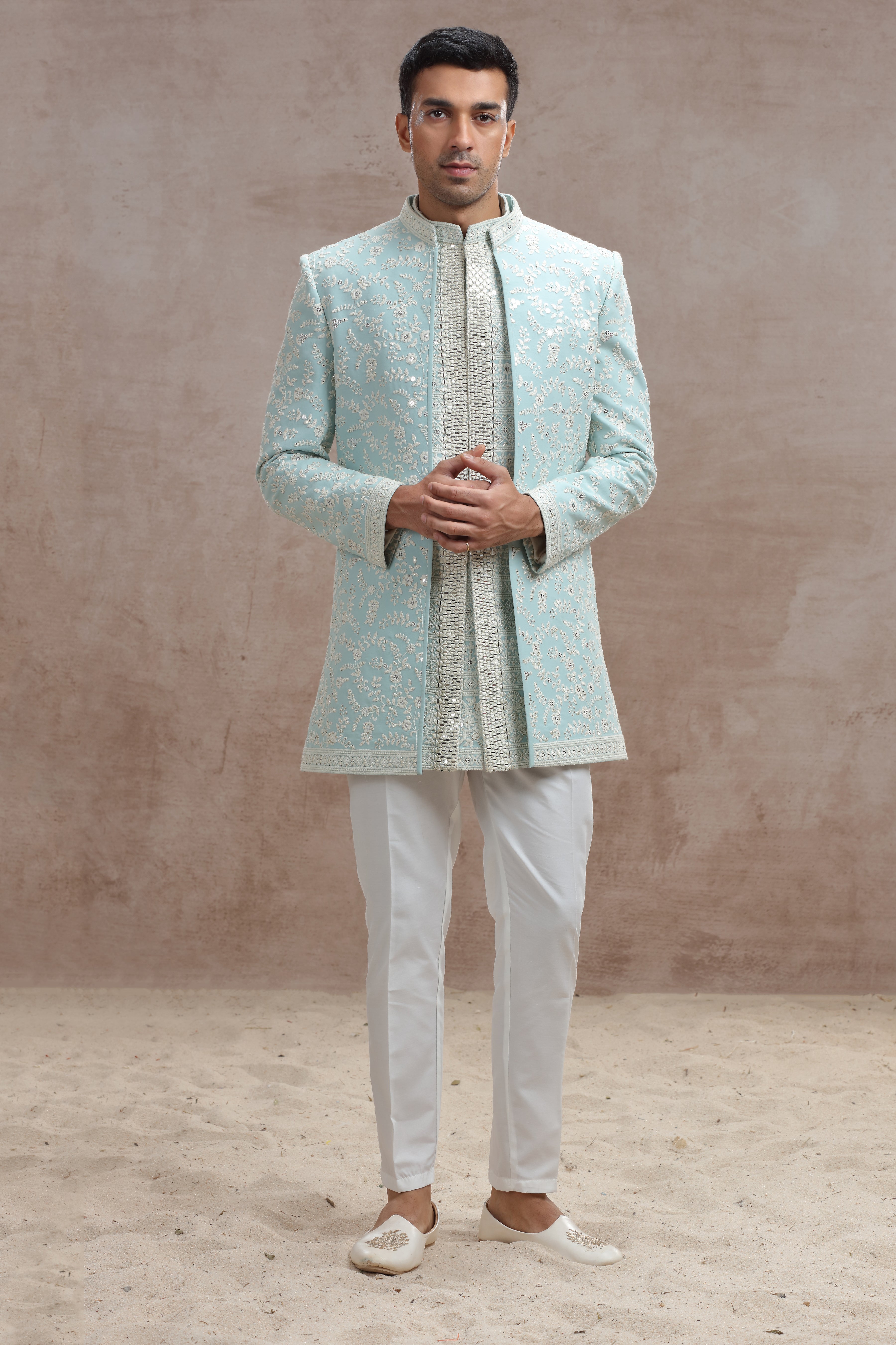 Sky Blue Indo Western Suit with Chikankari Floral Embroidery