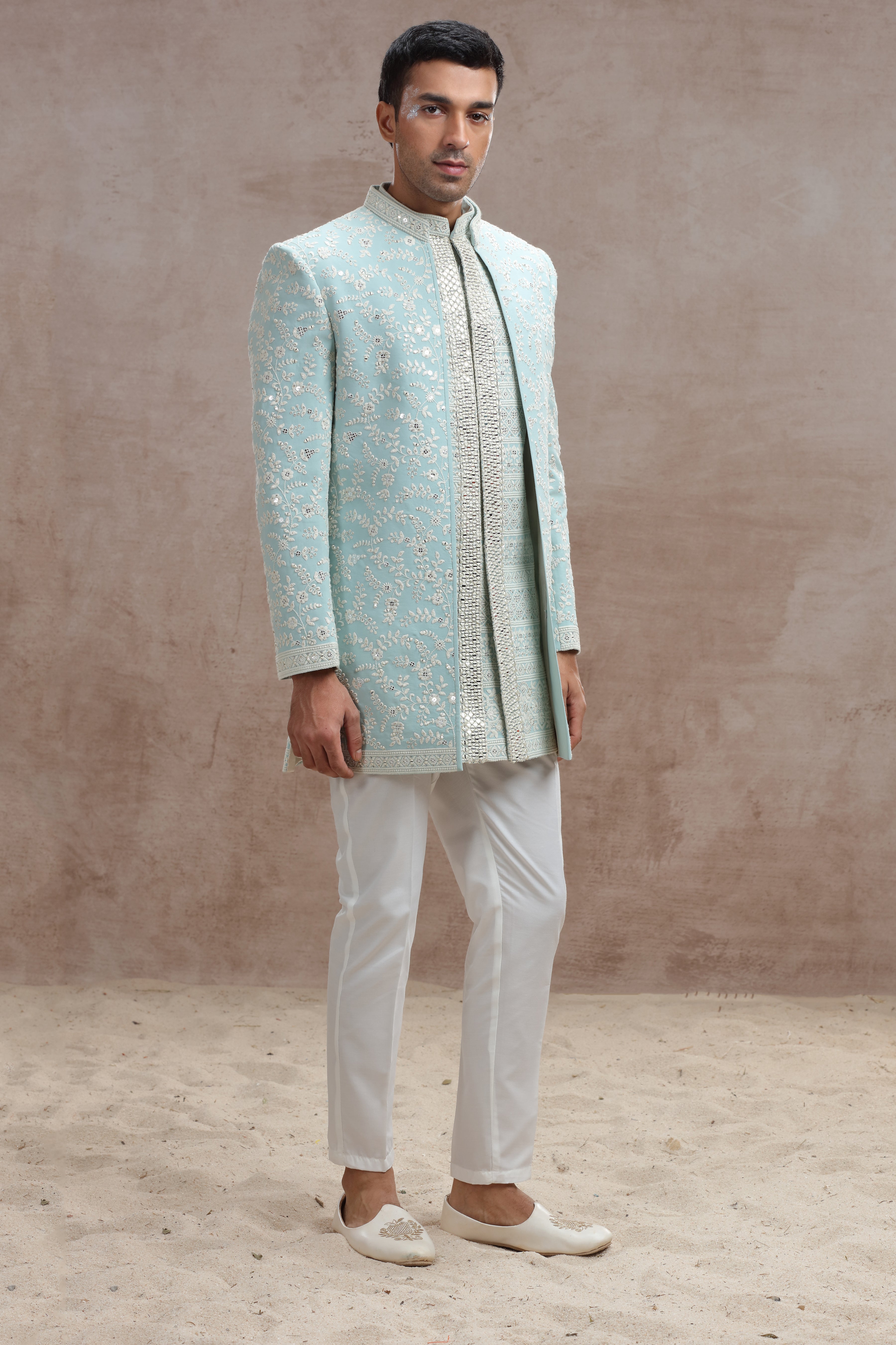 Sky Blue Indo Western Suit with Chikankari Floral Embroidery