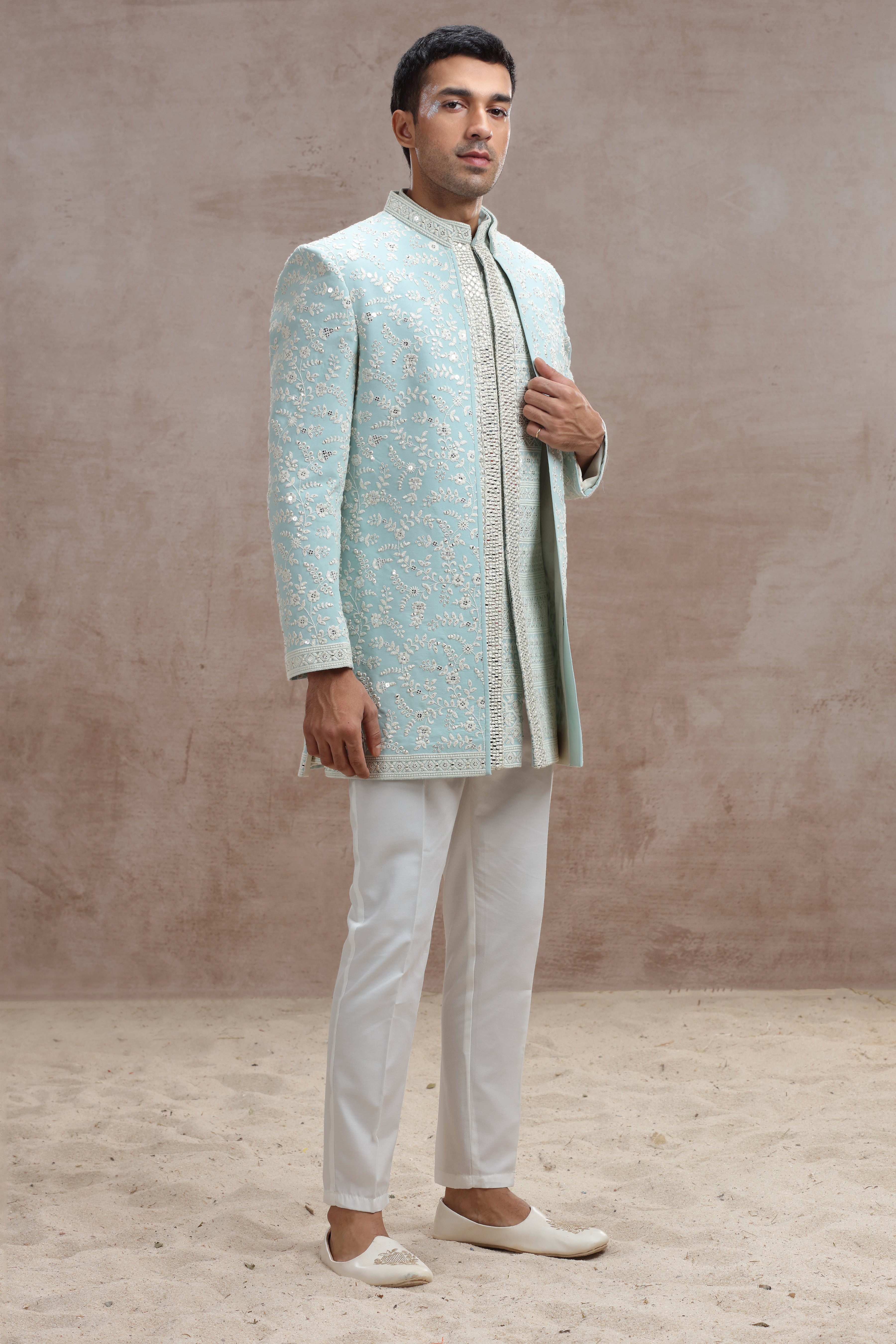 Sky Blue Indo Western Suit with Chikankari Floral Embroidery