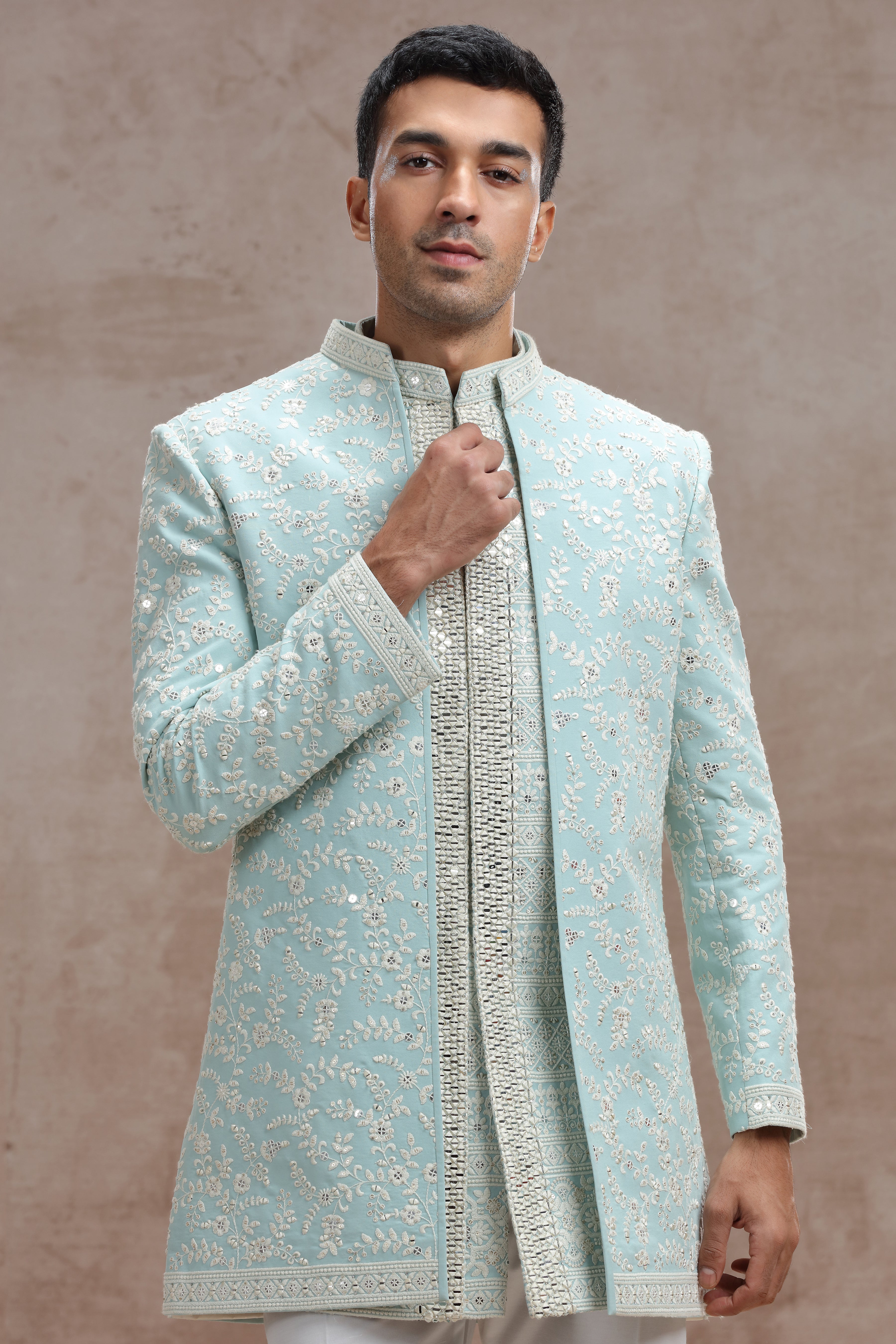 Sky Blue Indo Western Suit with Chikankari Floral Embroidery