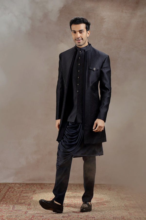 Black Silk Indowestern With All-Over Line Embroidery