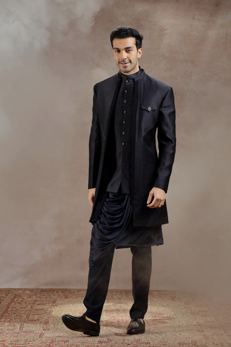 Black Silk Indowestern With All-Over Line Embroidery