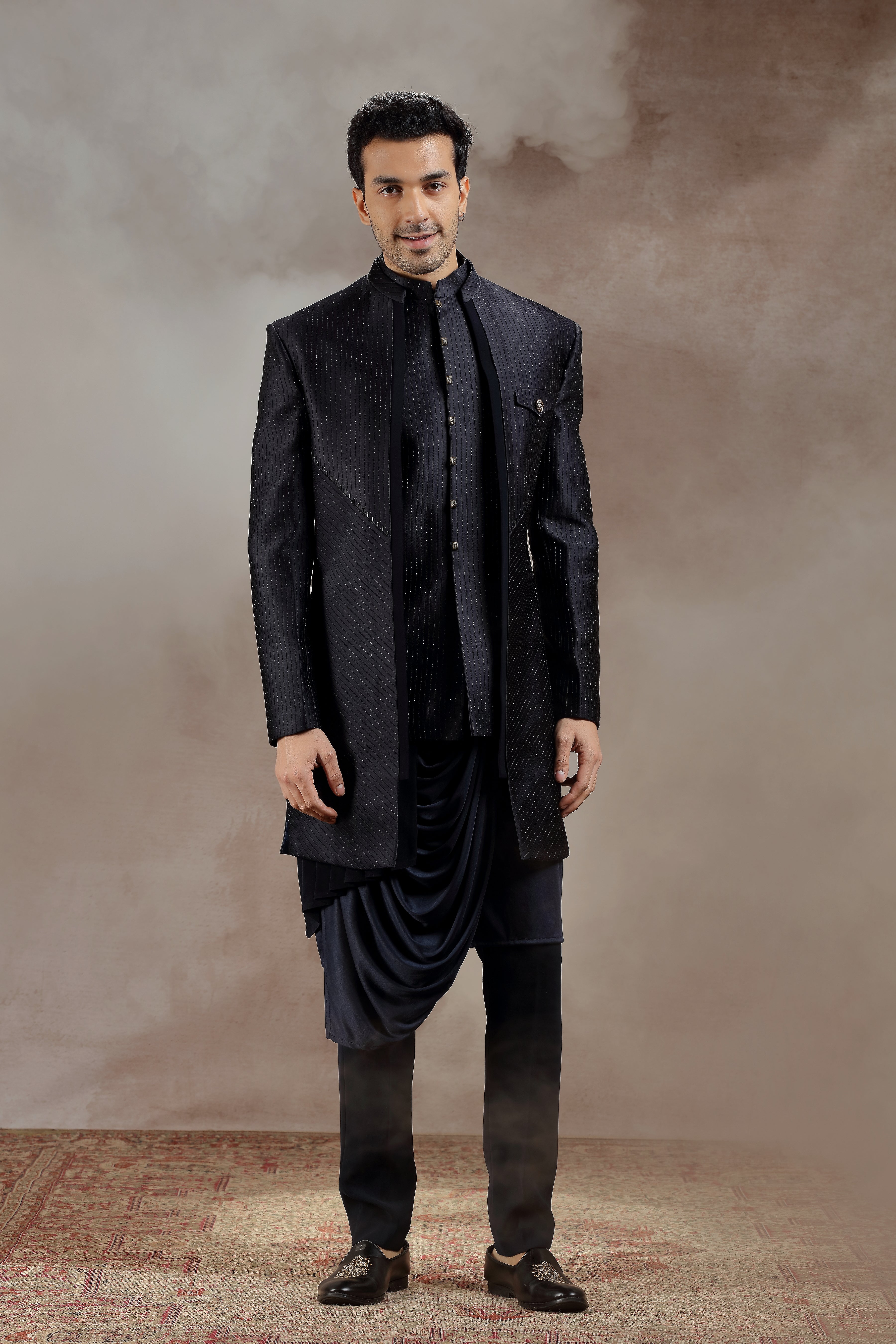 Silk Fabric Black Color Wedding Wear Designer Readymade Peshawari Style Indo  Western For Men