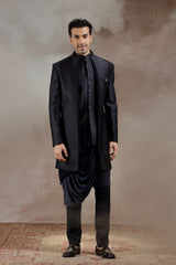 Black Silk Indowestern With All-Over Line Embroidery
