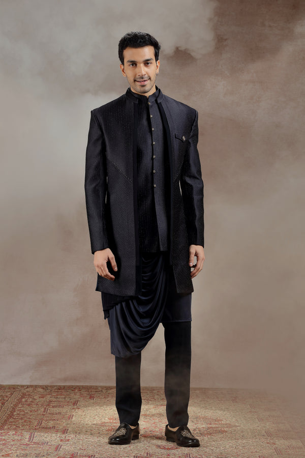 Black Silk Indowestern With All-Over Line Embroidery
