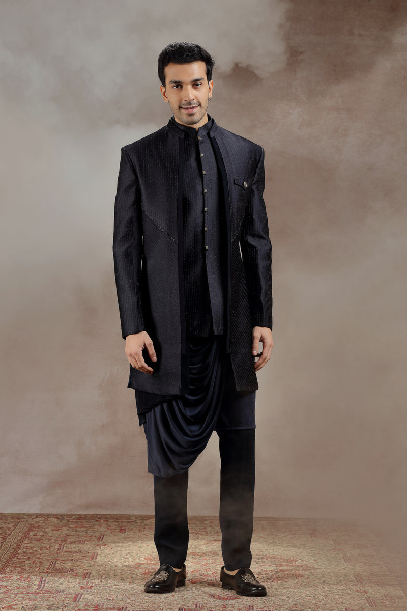 Black Silk Indowestern With All-Over Line Embroidery