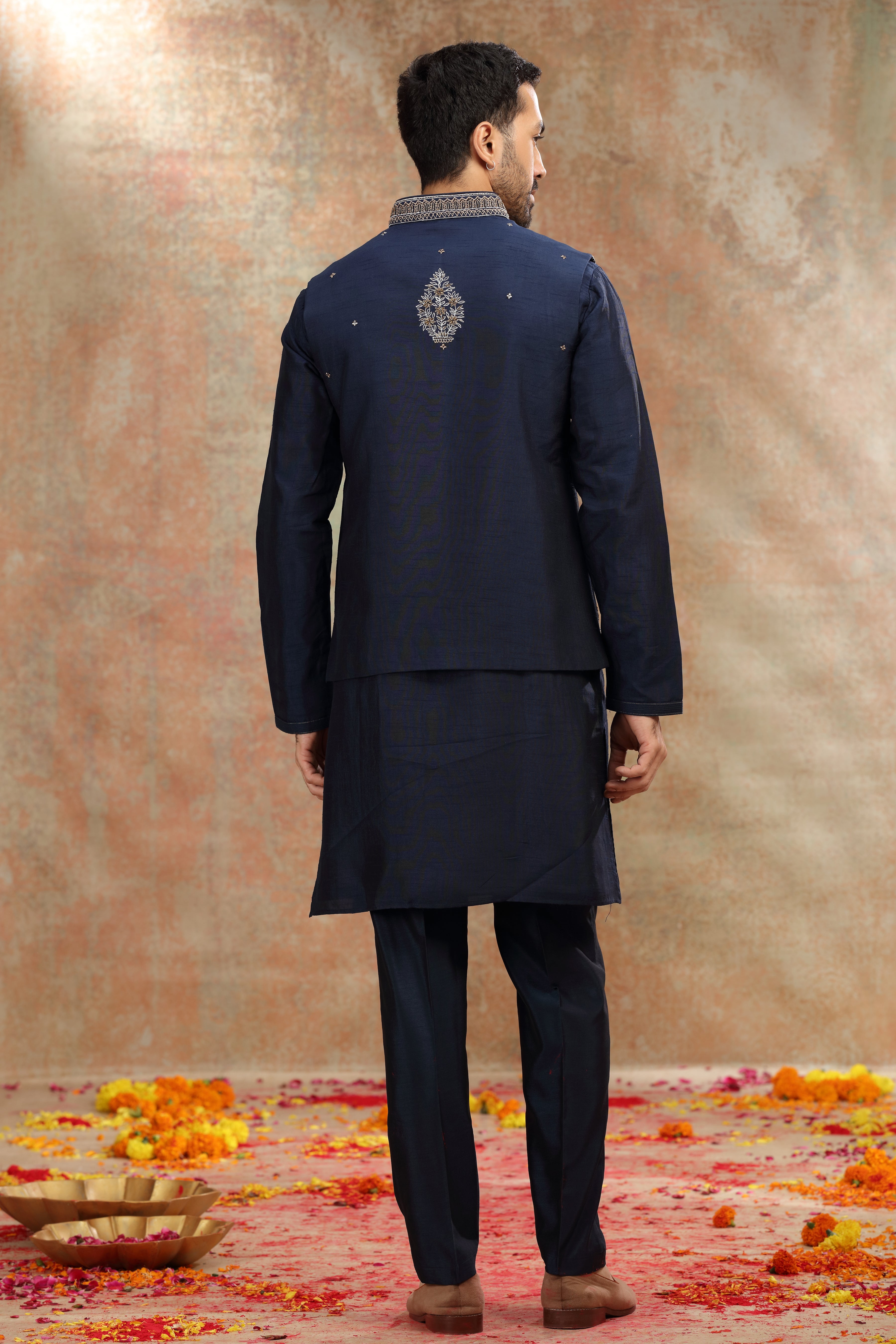Navy Blue Silk Koti Kurta with Resham & Cutdana Work
