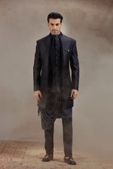 Black Silk Indowestern With All-Over Line Embroidery